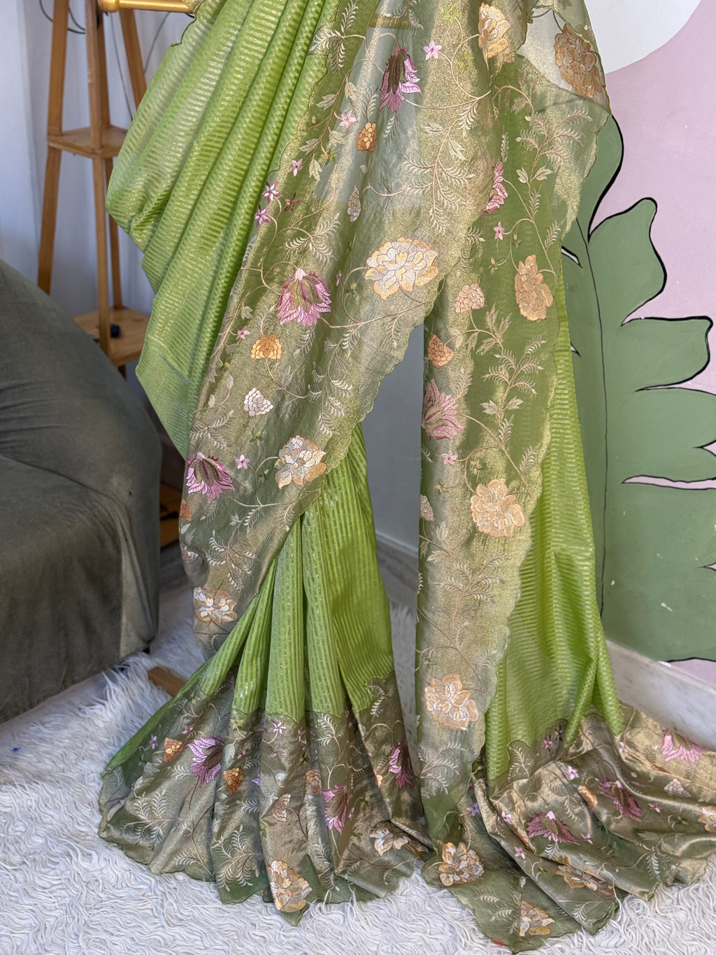 Light Green Designer Chiniya Tissue Silk Stripe Saree with multi color floral embroidered on Tissue Base