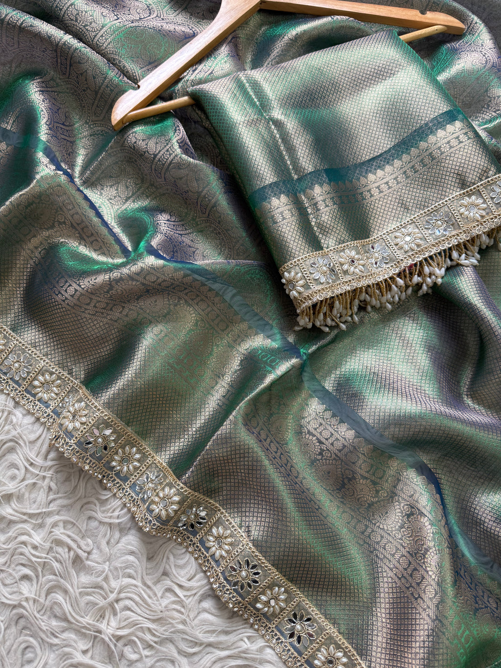 Peacock Bridal Kanjeevaram Brocade Tissue Saree with Designer Pearl and Mirror Lace Work Jhalar Lace on Pallu