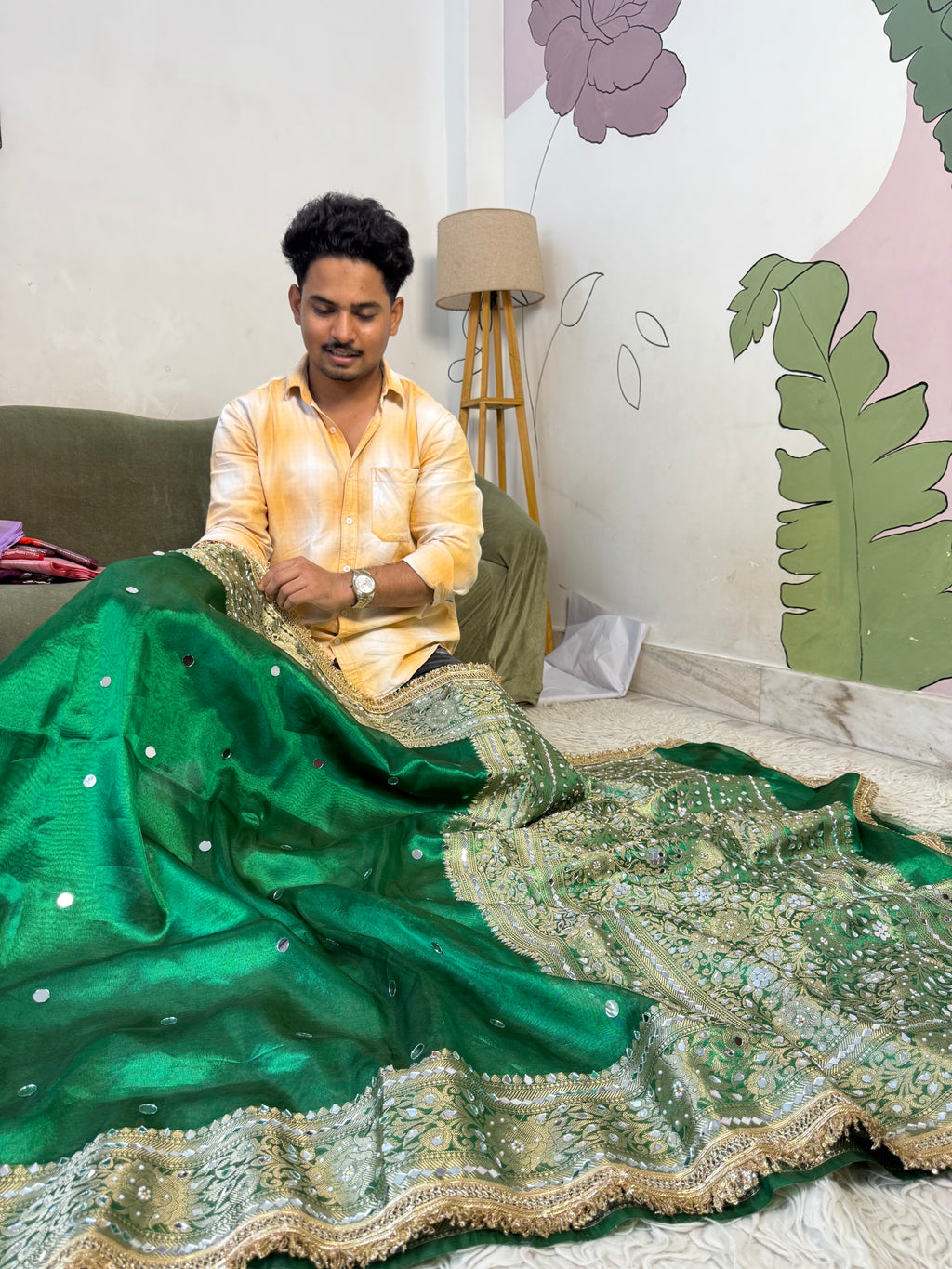 Designer Banarasi Tissue Saree with Pearl and mirror Work on all over Body with Intricate Border and Pallu Design Along with Gotta Patti Lace Work