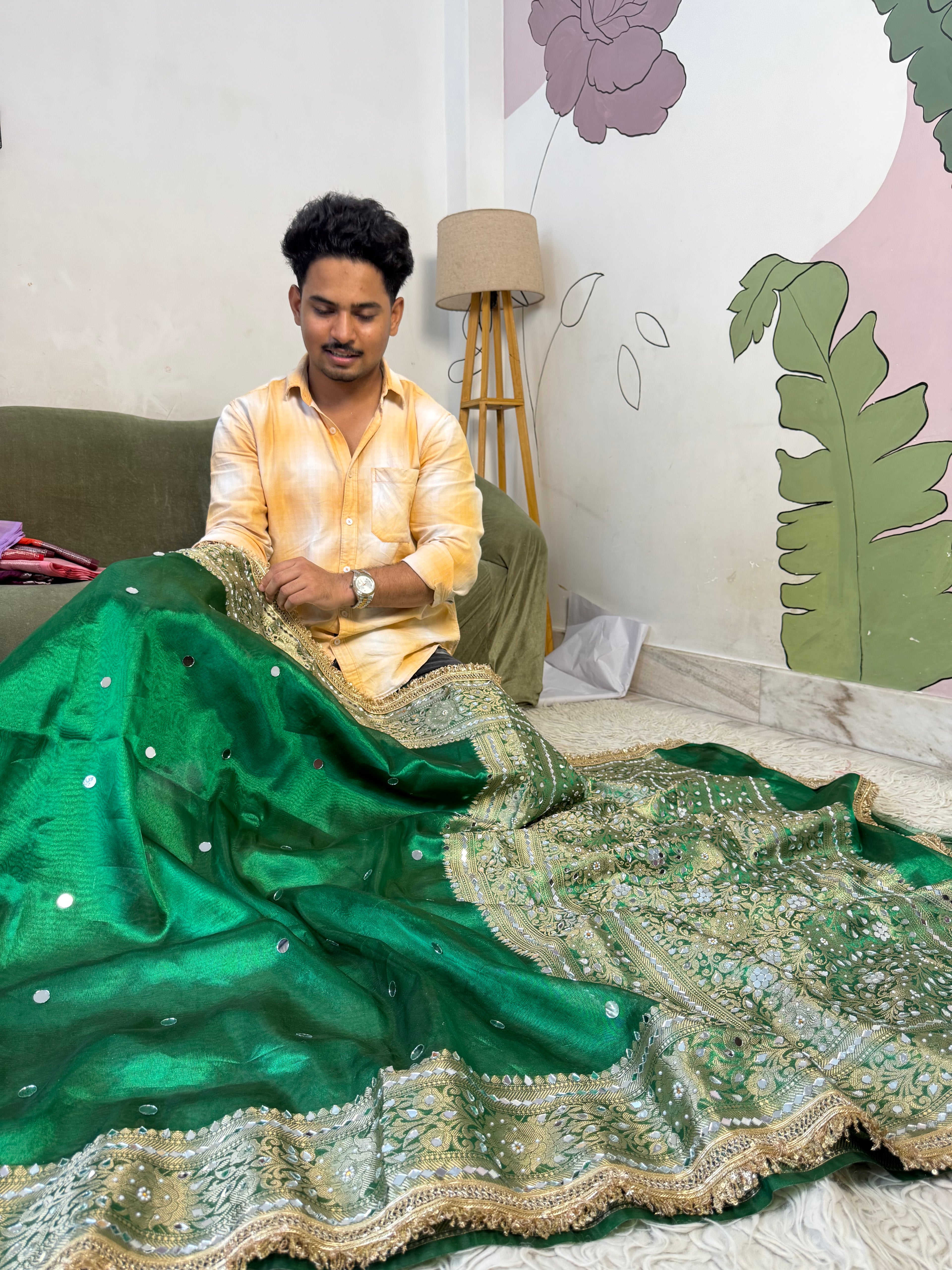 Designer Banarasi Tissue Saree with Pearl and mirror Work on all over Body with Intricate Border and Pallu Design Along with Gotta Patti Lace Work