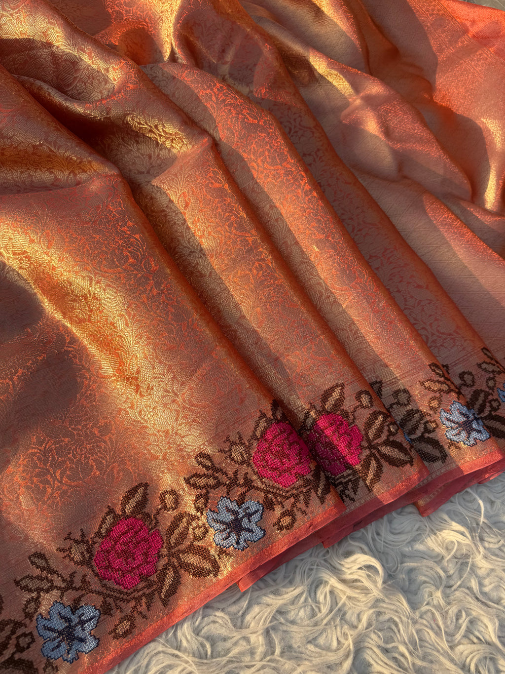 Orange Banarasi Tanchui Embroidery Tissue Silk Saree