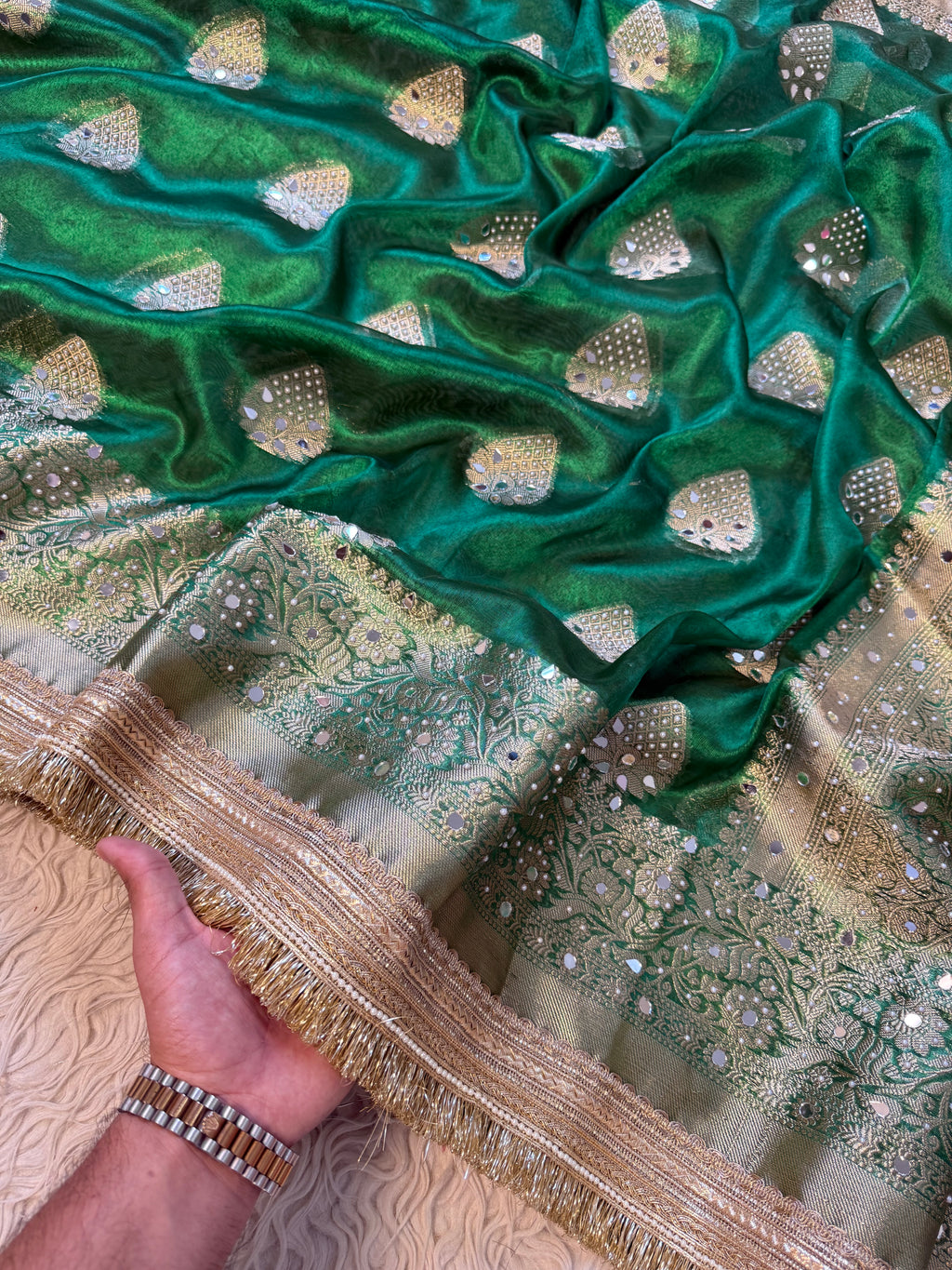 Designer Banarasi Tissue Saree with Pearl and mirror Work on all over Body with Intricate Border and Pallu Design Along with Gotta Patti Lace Work