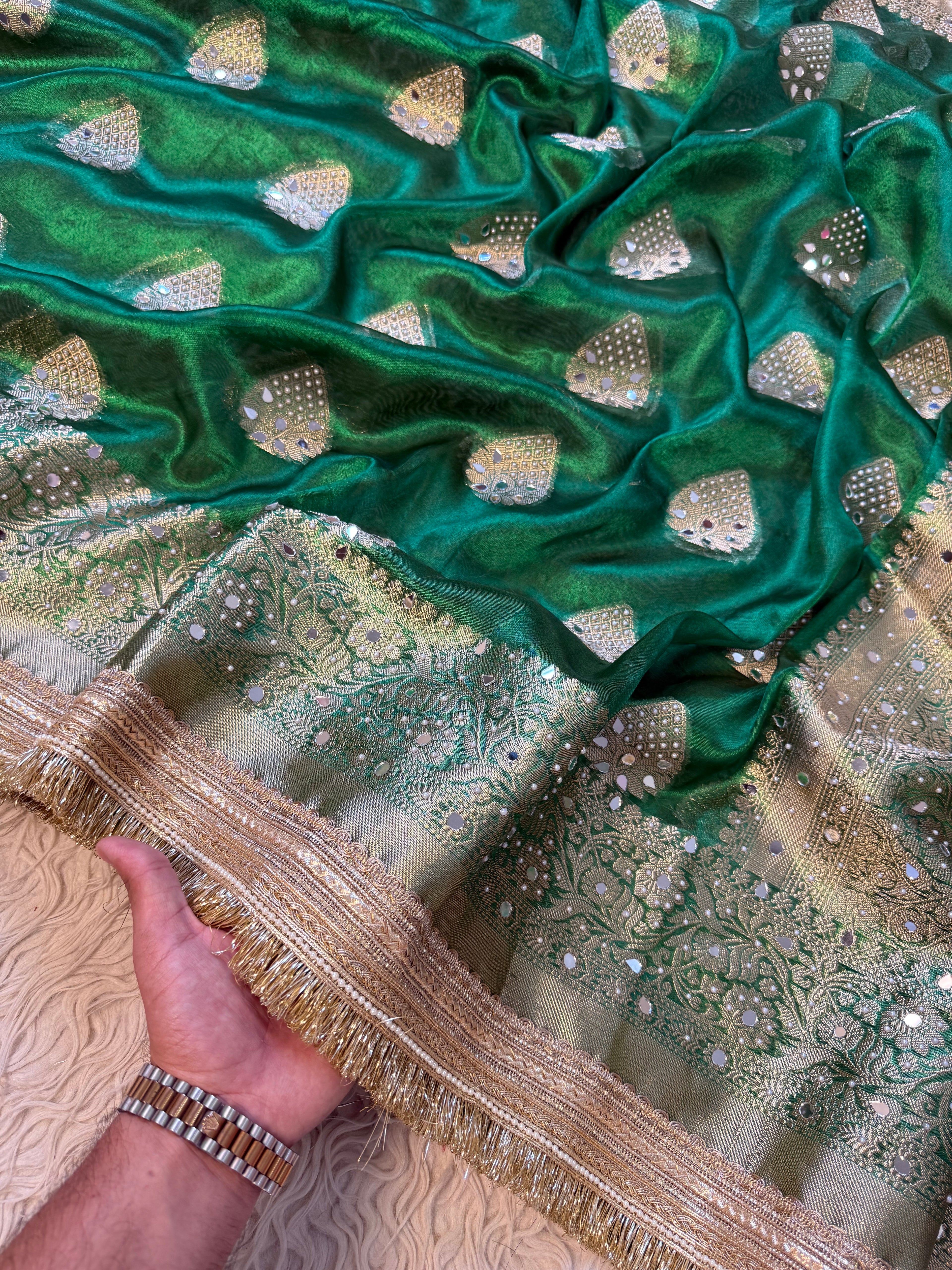 Designer Banarasi Tissue Saree with Pearl and mirror Work on all over Body with Intricate Border and Pallu Design Along with Gotta Patti Lace Work