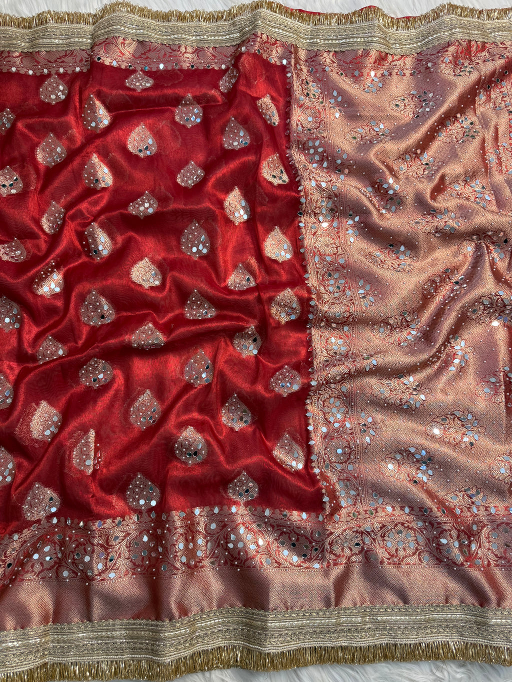 Rani pink Designer Banarasi Tissue Buta Saree with Pearl and mirror Work on all over Body with Intricate Border and Gotta Patti Lace Work