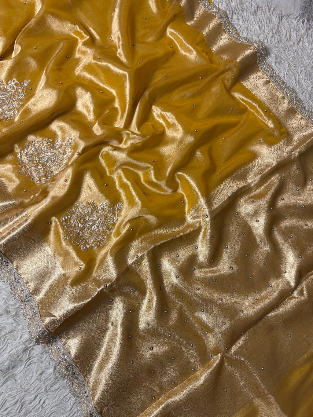Pretty yellow Shade Banarasi Tissue Silk Zardozi Handwork Saree