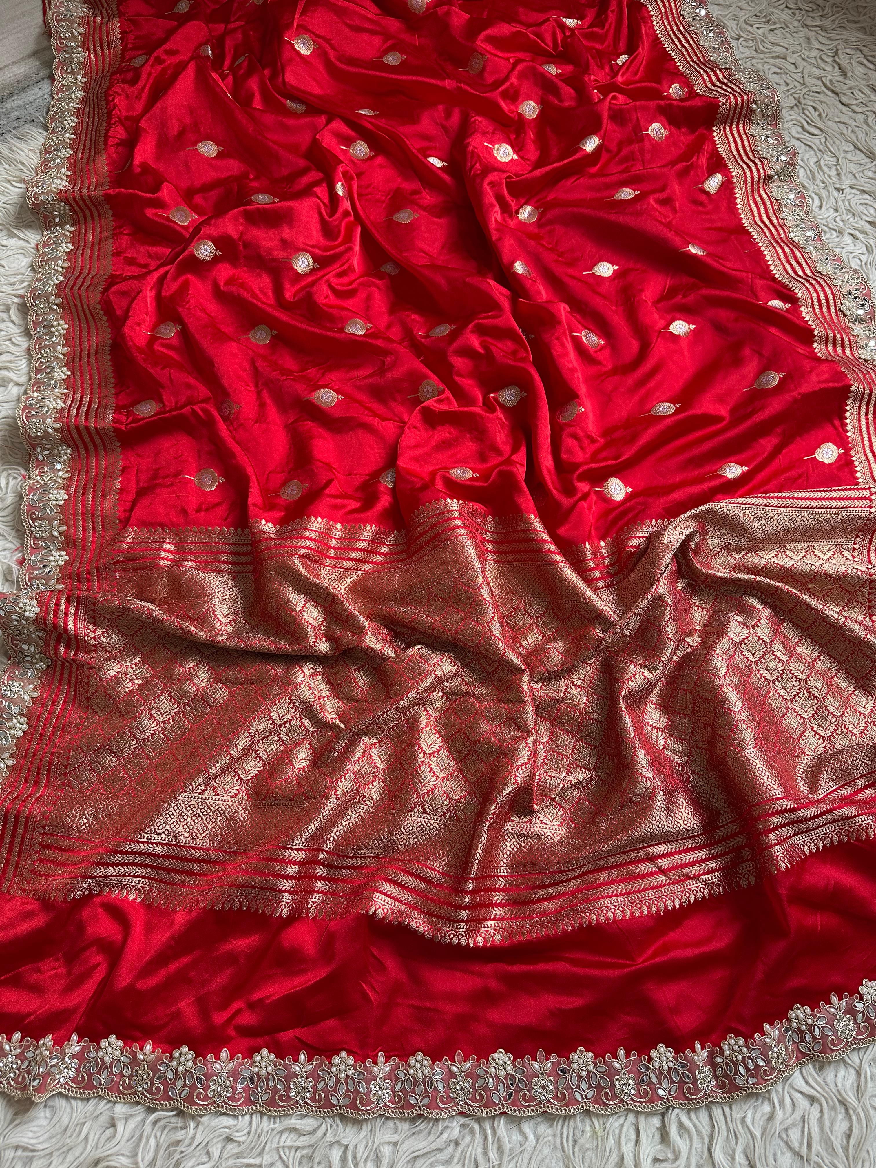 Bridal Red Designer Banarasi Mashru Silk Saree All Over Alfi Meena Buta