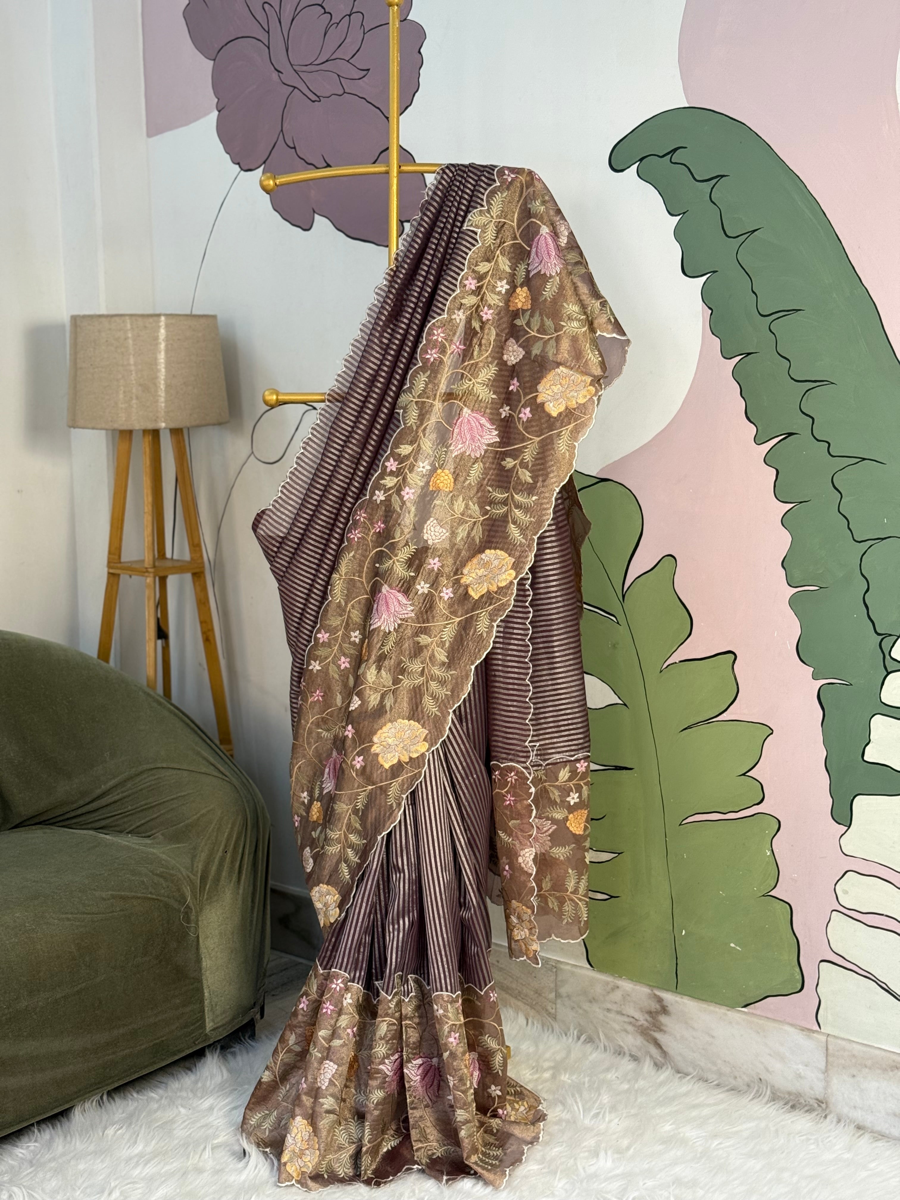Brown Designer Chiniya Tissue Silk Stripe Saree with multi color floral embroidered on Tissue Base
