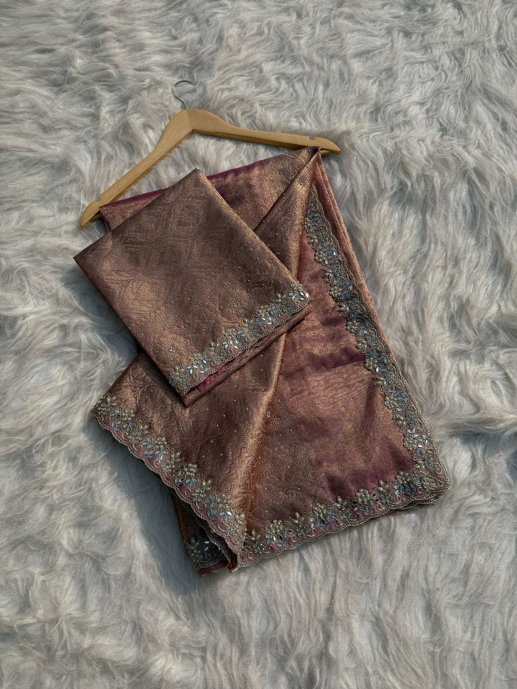 Designer Banarasi Tissue Saree with Pearl Work on all over Body with Intricate Border and Pallu Design Along with Gotta Patti Lace Work