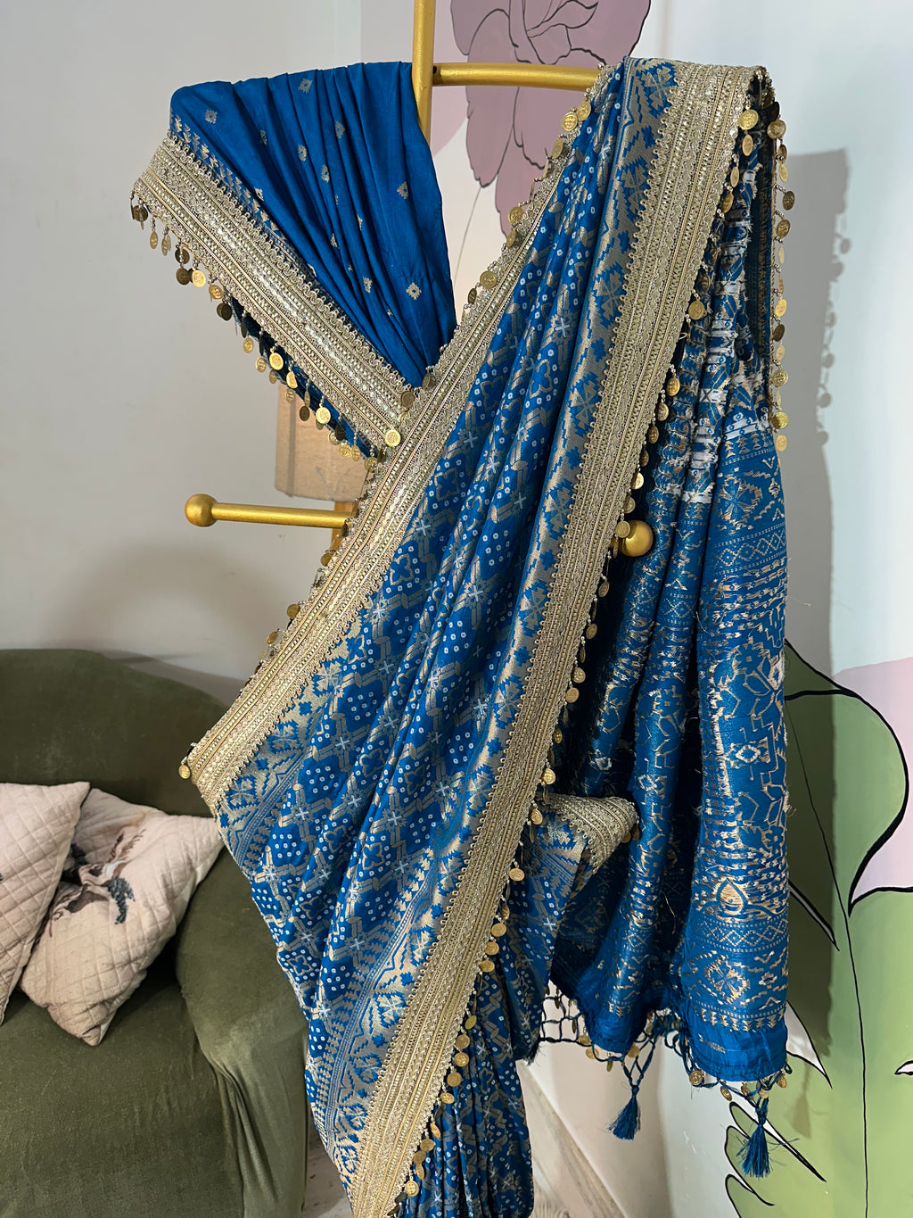 Teal Blue Designer Georgette Katan Silk Saree with Gota Patti and Coin lace