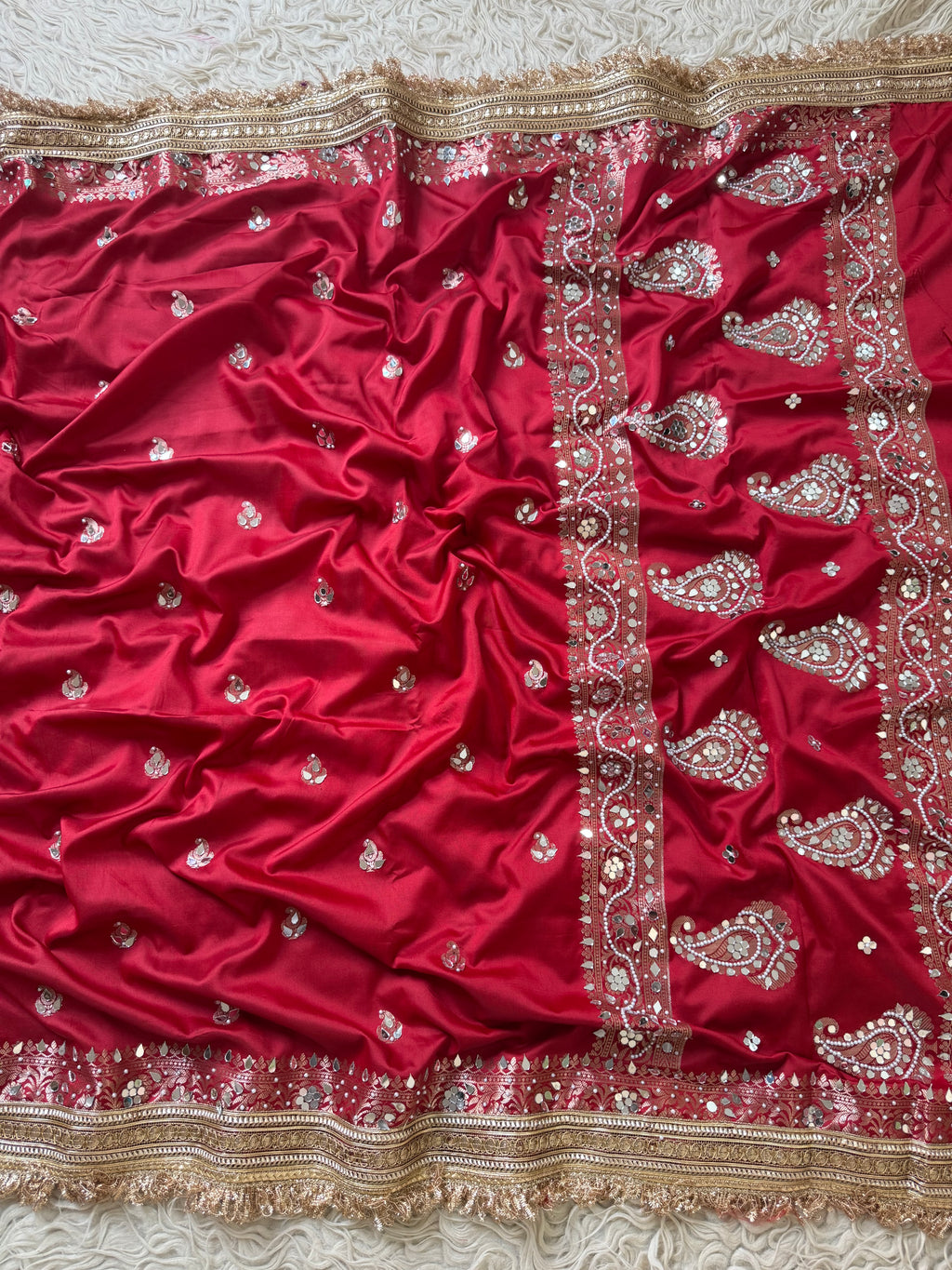 Designer Banarasi katan Saree with Pearl and mirror Work on all over Body with Intricate Border and Pallu Design Along with Gotta Patti Lace Work