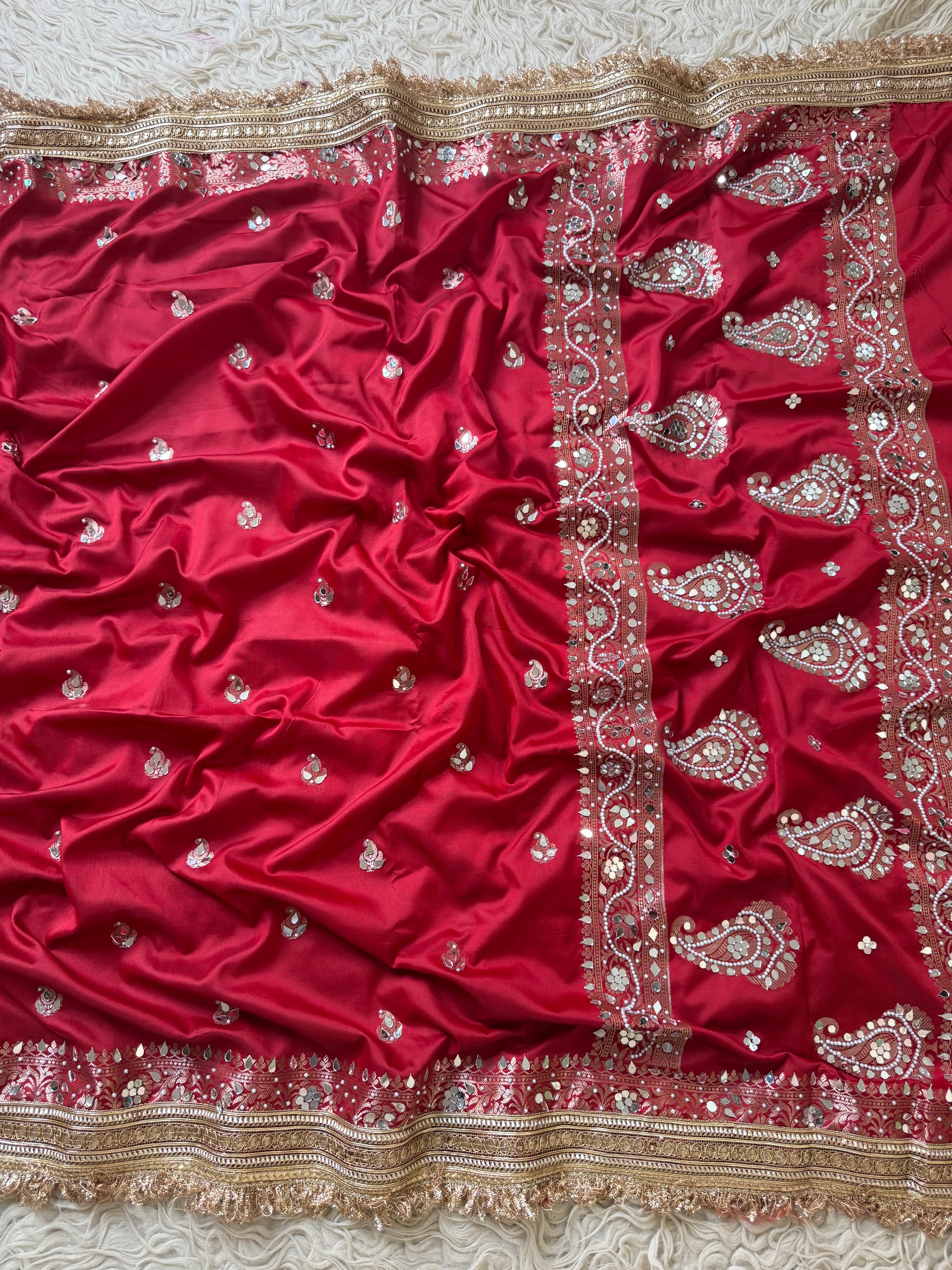 Designer Banarasi katan Saree with Pearl and mirror Work on all over Body with Intricate Border and Pallu Design Along with Gotta Patti Lace Work