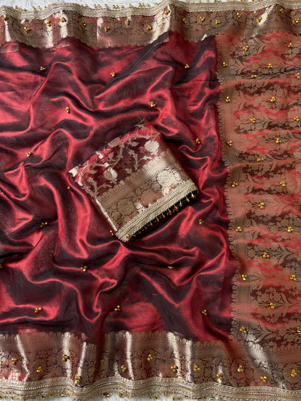 Red carmine Banarasi tissue saree X ghungroo work