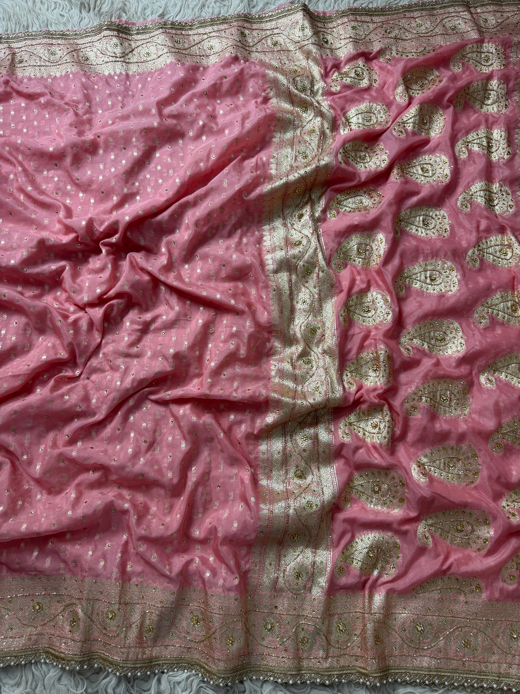 Barbie pink Georgette Designer Saree with cutdana handwork
