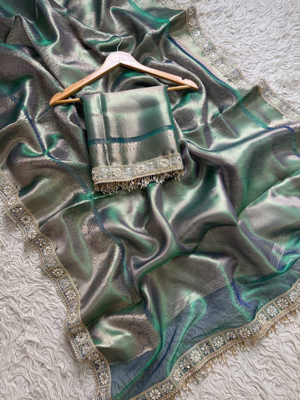 Peacock Bridal Kanjeevaram Brocade Tissue Saree with Designer Pearl and Mirror Lace Work Jhalar Lace on Pallu