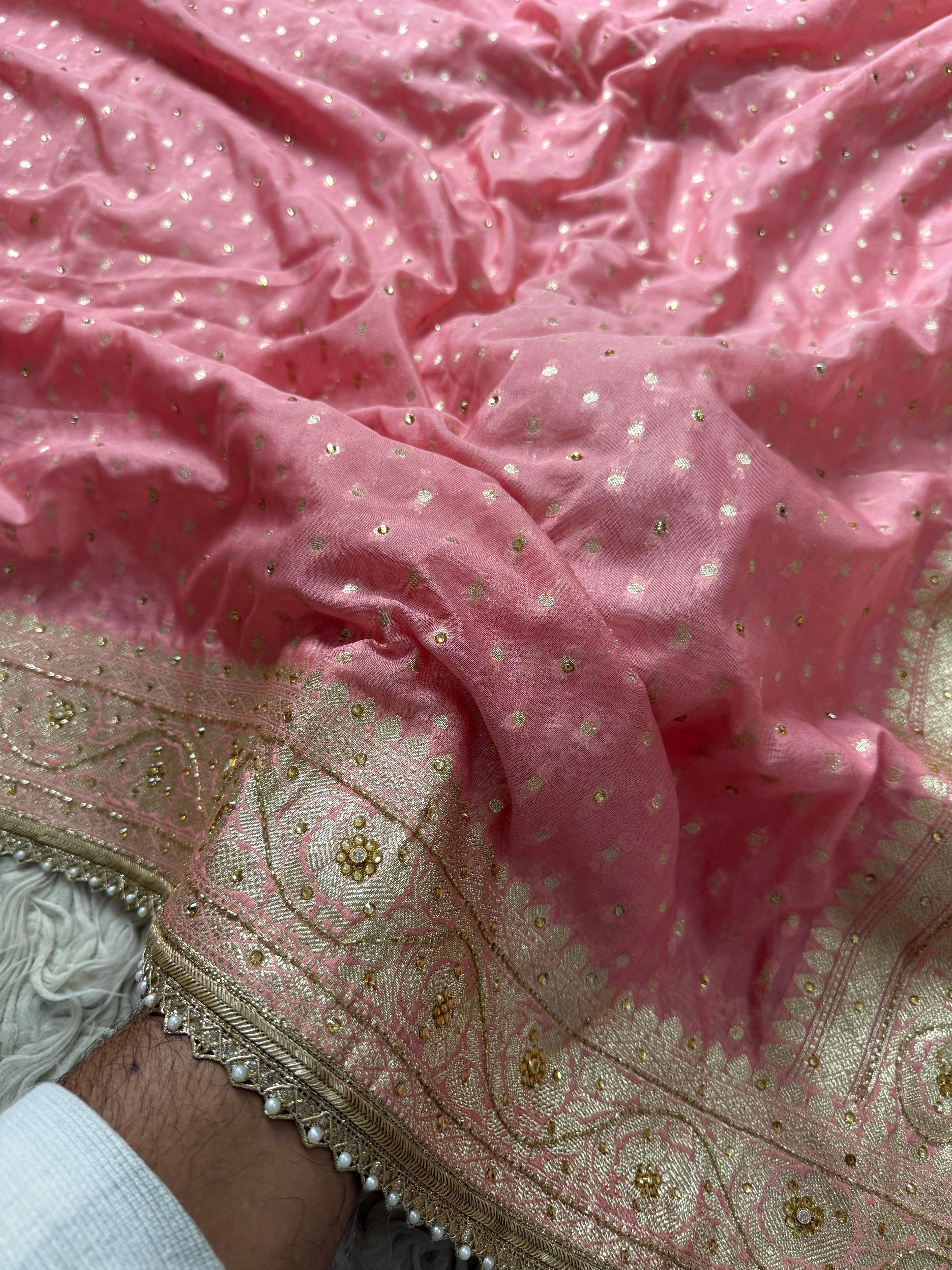 Barbie pink Georgette Designer Saree with cutdana handwork