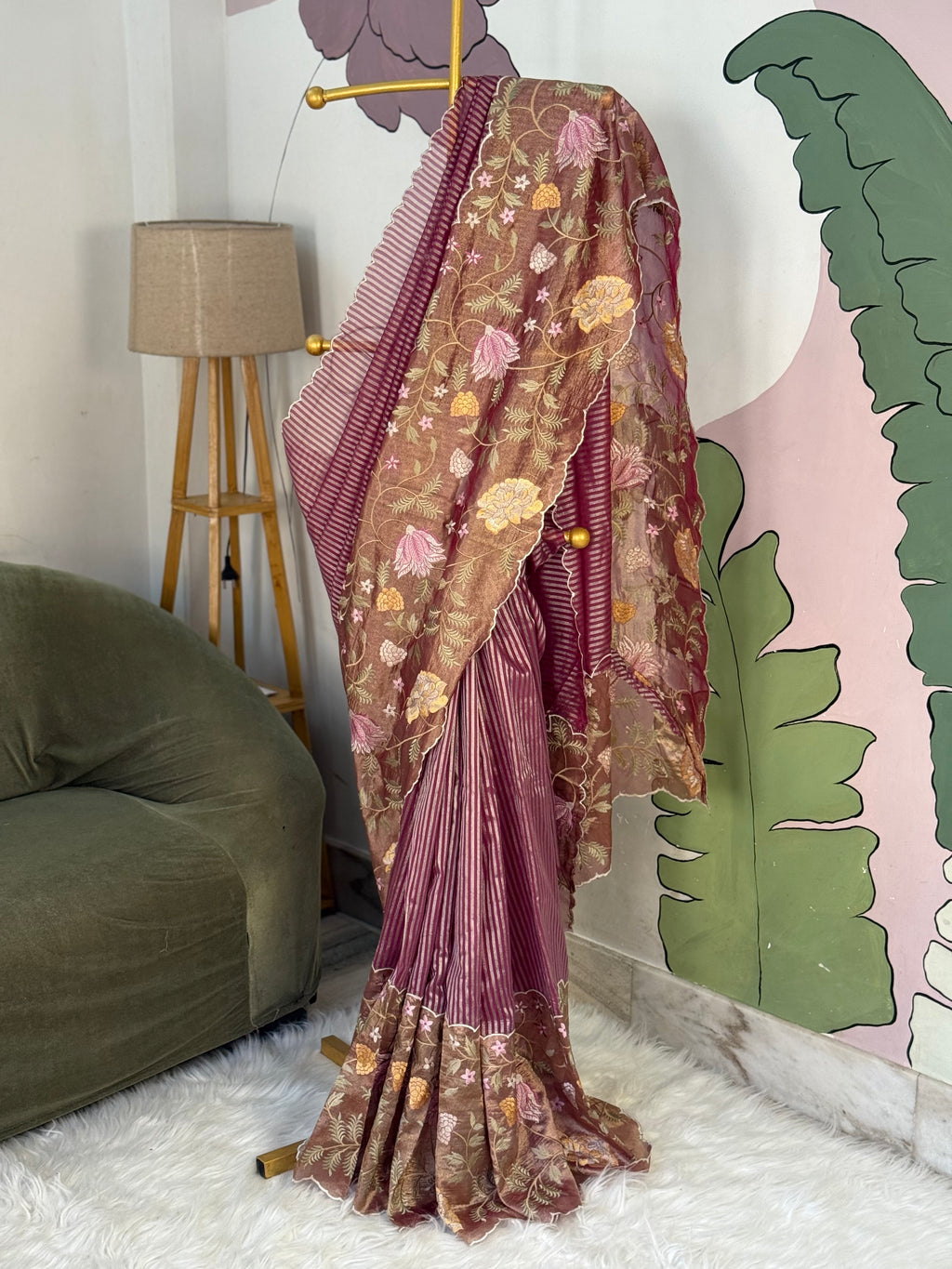 Pink Designer Chiniya Tissue Silk Stripe Saree with multi color floral embroidered on Tissue Base