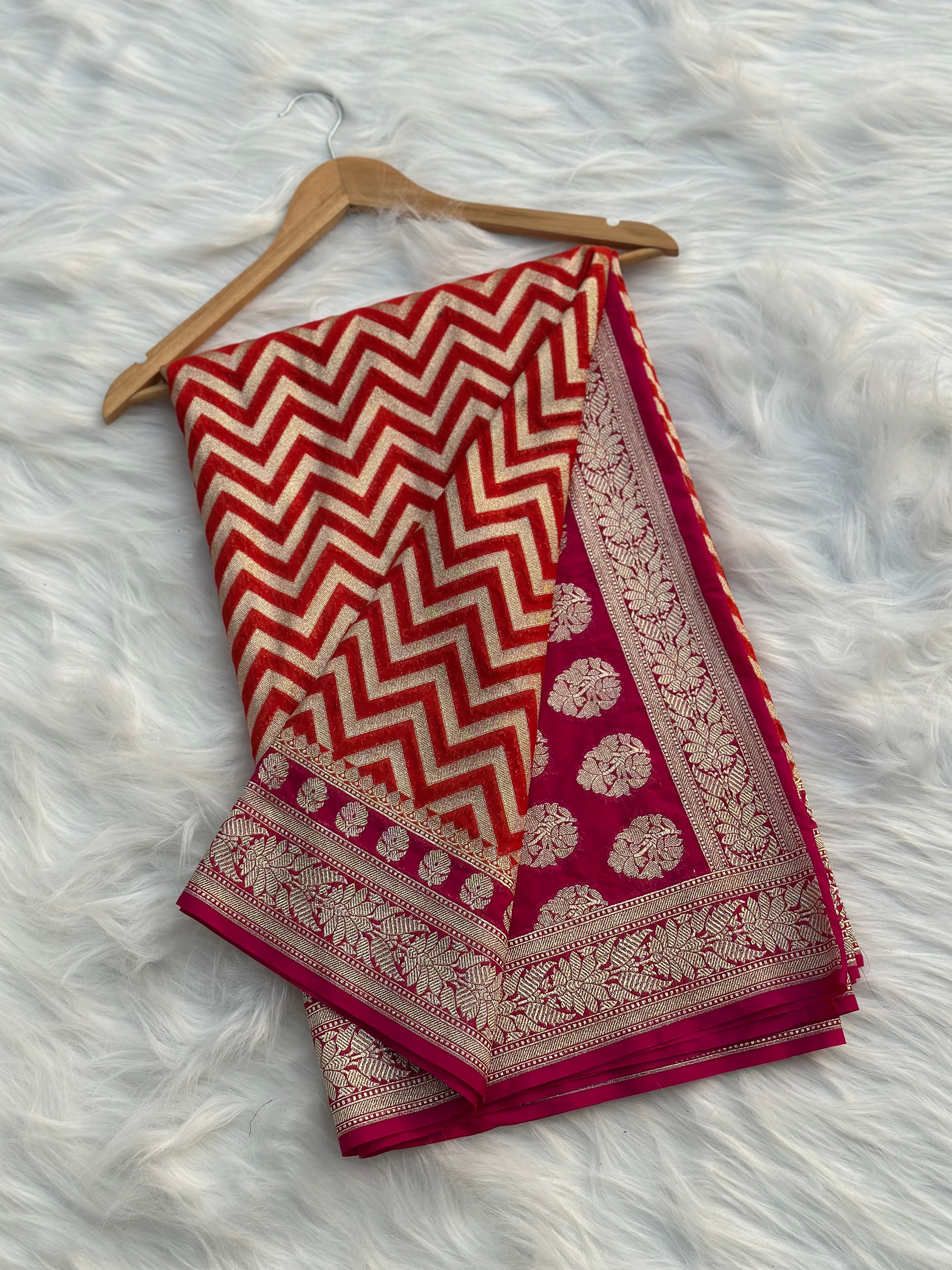 Banarasi Zigzag Georgette Saree in Rani pink and orange Color