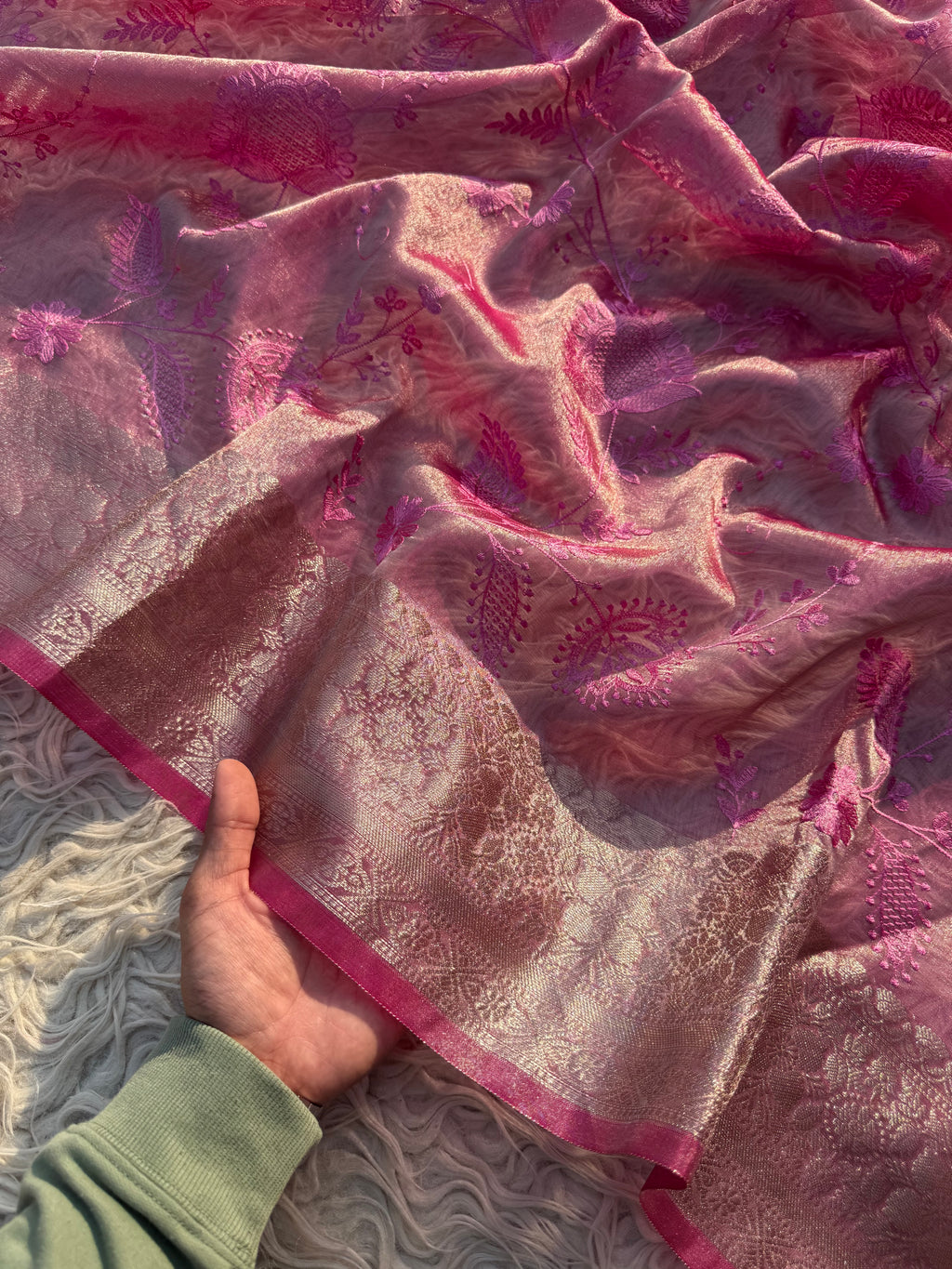 Pink Banarasi Embroidery Tissue Silk Saree