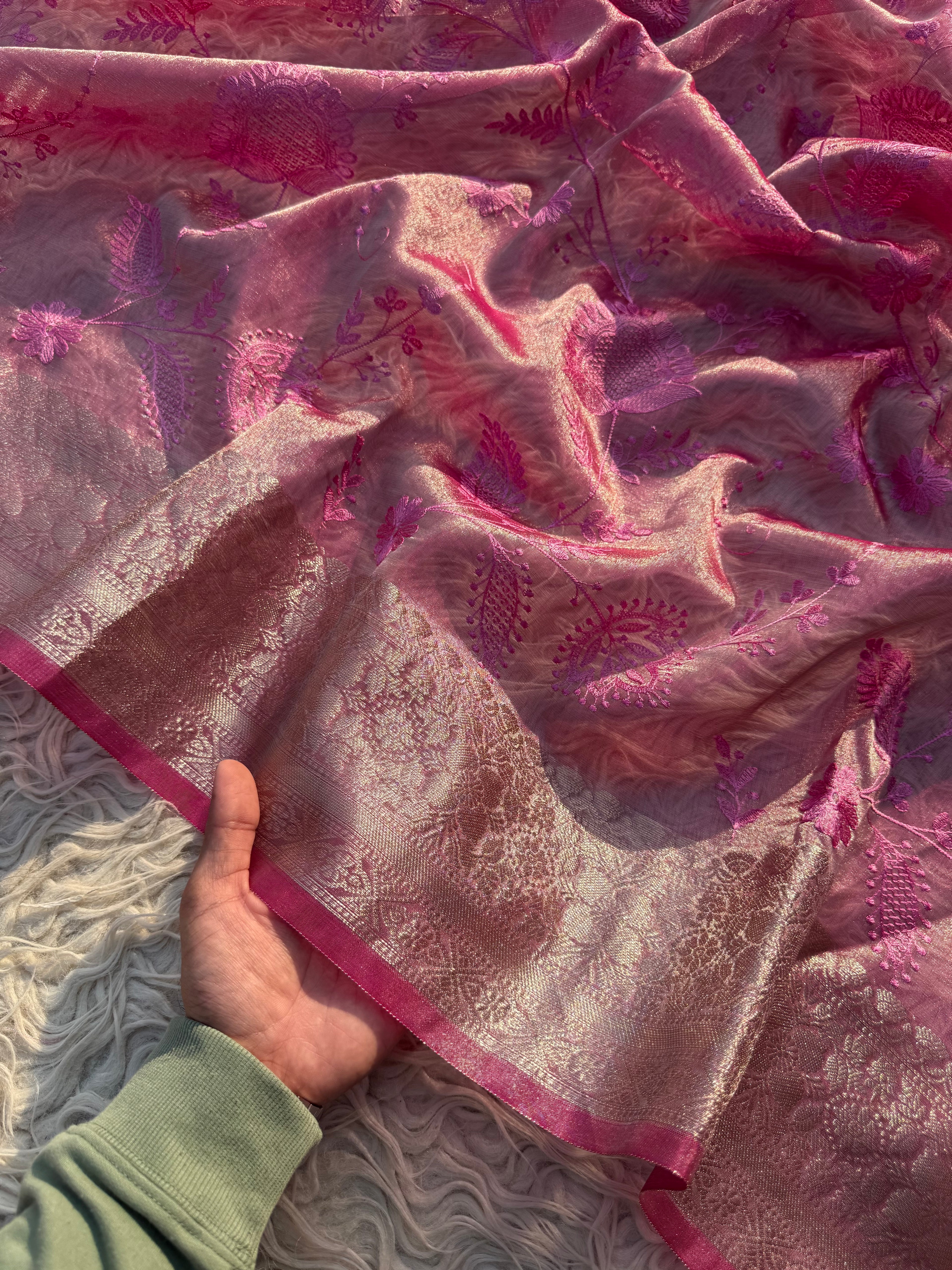 Pink Banarasi Embroidery Tissue Silk Saree