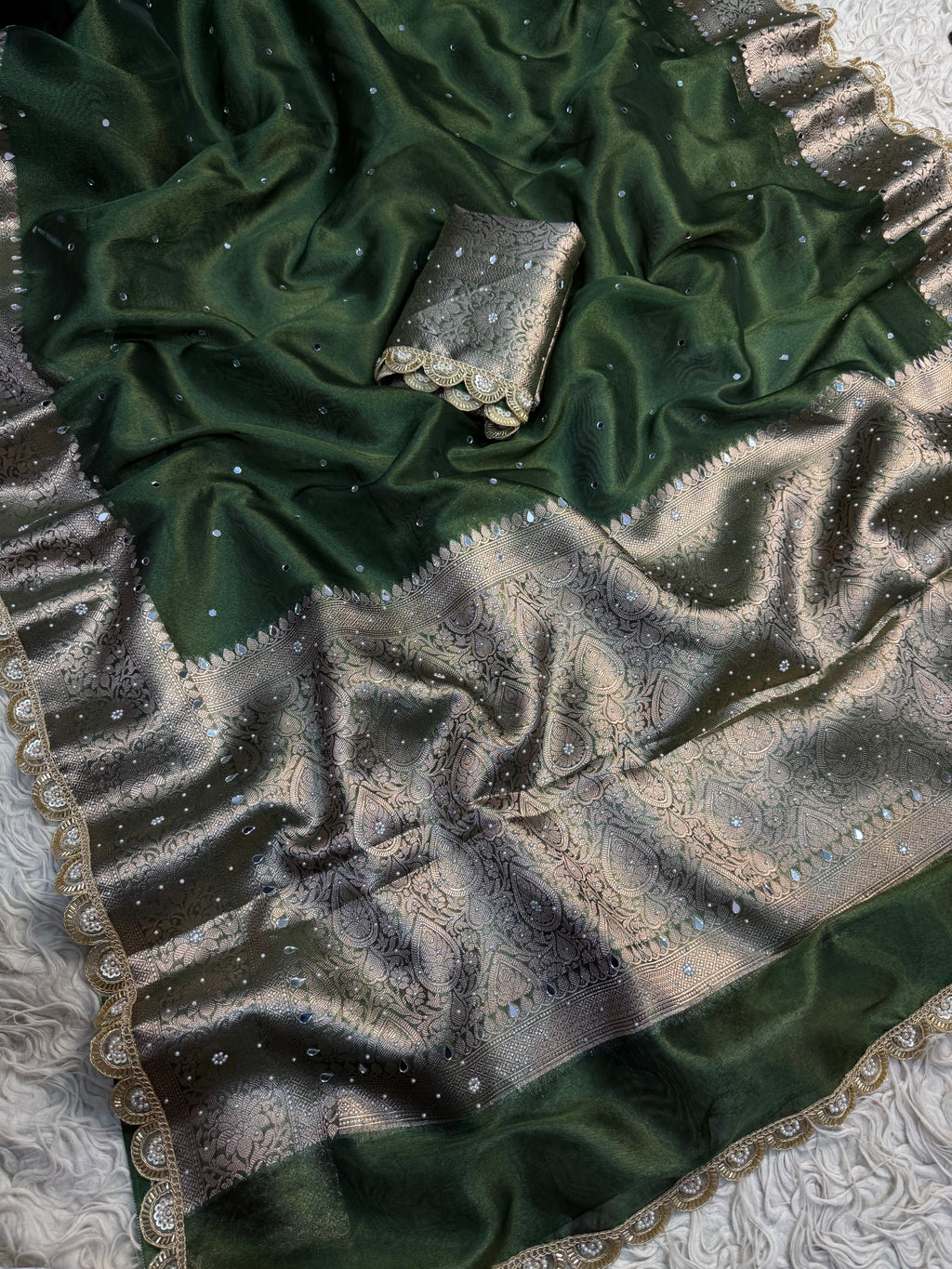 Mehendi green Designer Banarasi Tissue Saree with Pearl Work on all over Body with Intricate Border and Pallu Design Along with Gotta Patti Lace Work