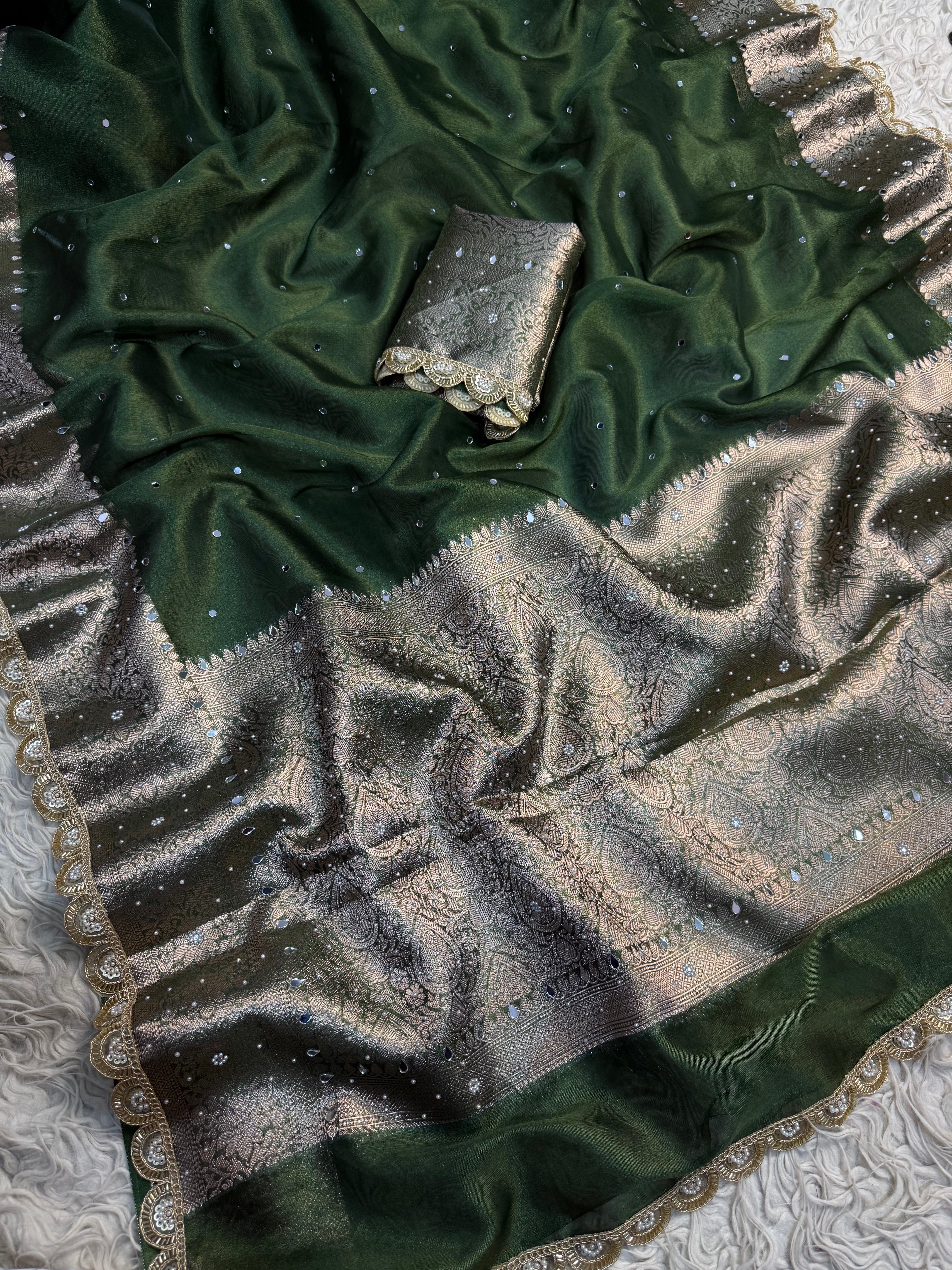 Mehendi green Designer Banarasi Tissue Saree with Pearl Work on all over Body with Intricate Border and Pallu Design Along with Gotta Patti Lace Work
