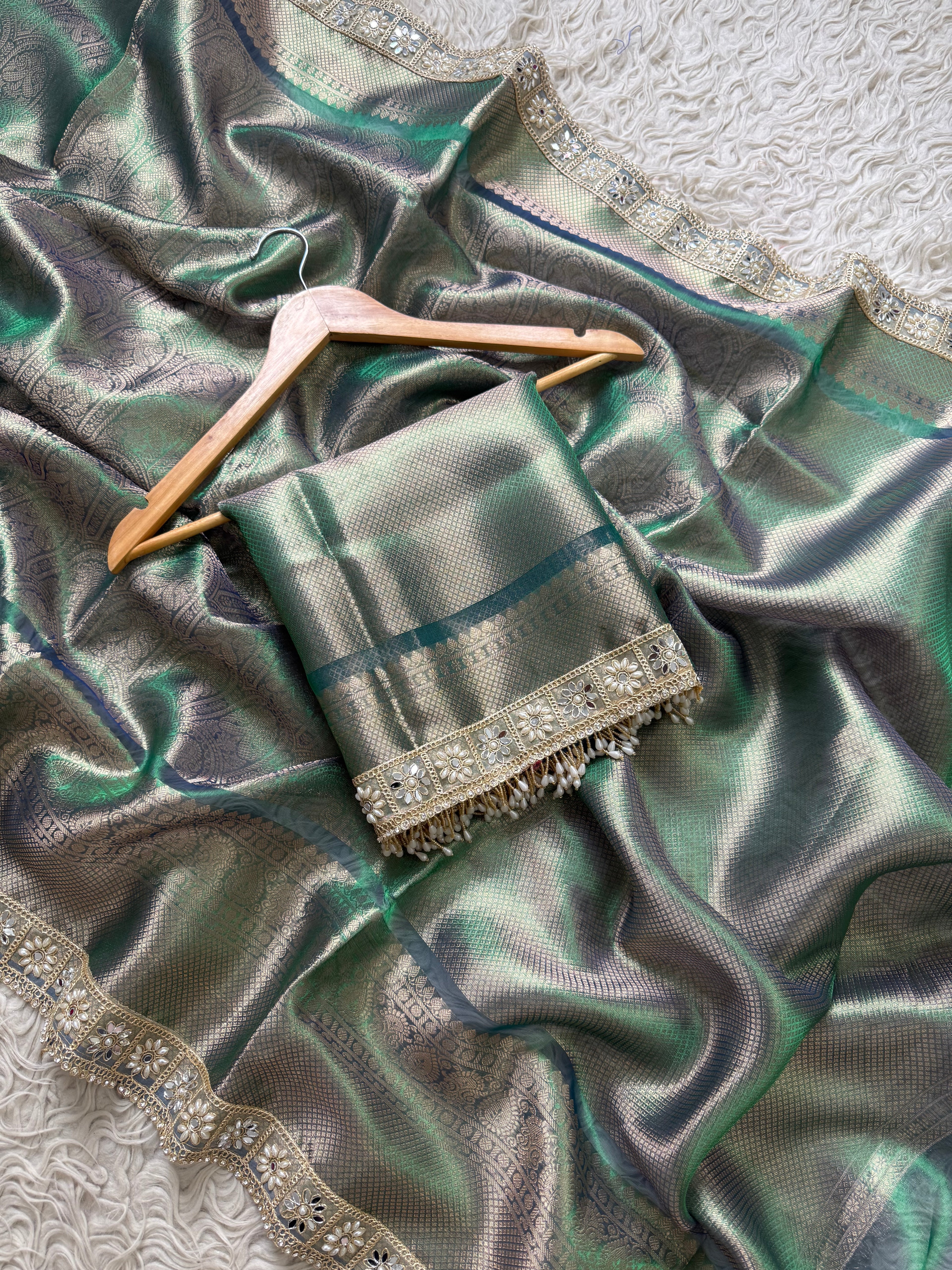 Peacock Bridal Kanjeevaram Brocade Tissue Saree with Designer Pearl and Mirror Lace Work Jhalar Lace on Pallu