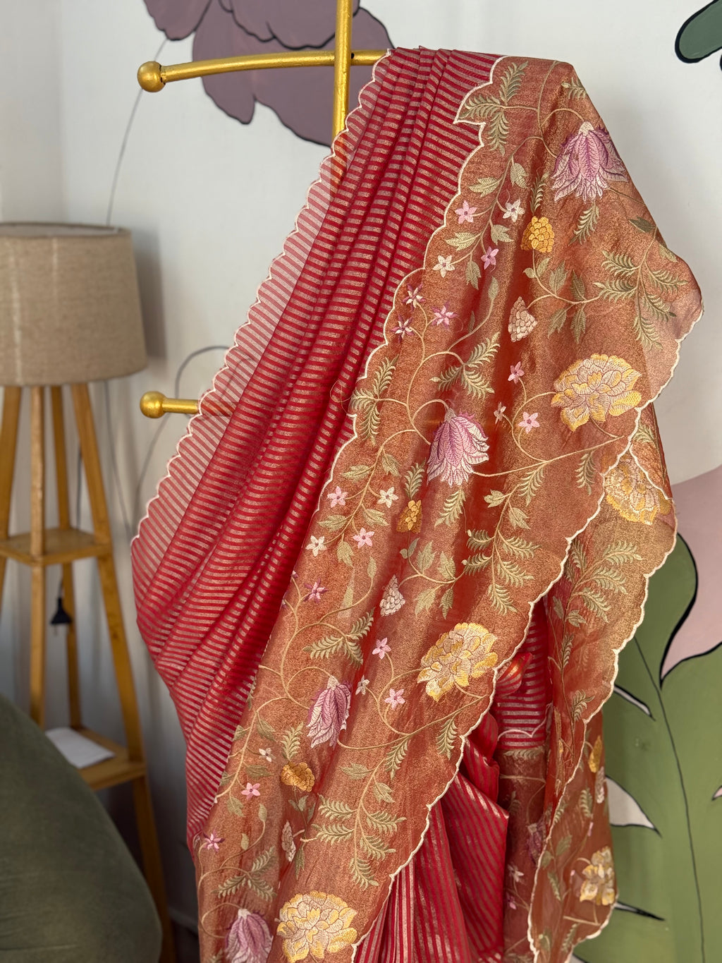 Red Designer Chiniya Tissue Silk Stripe Saree with multi color floral embroidered on Tissue Base