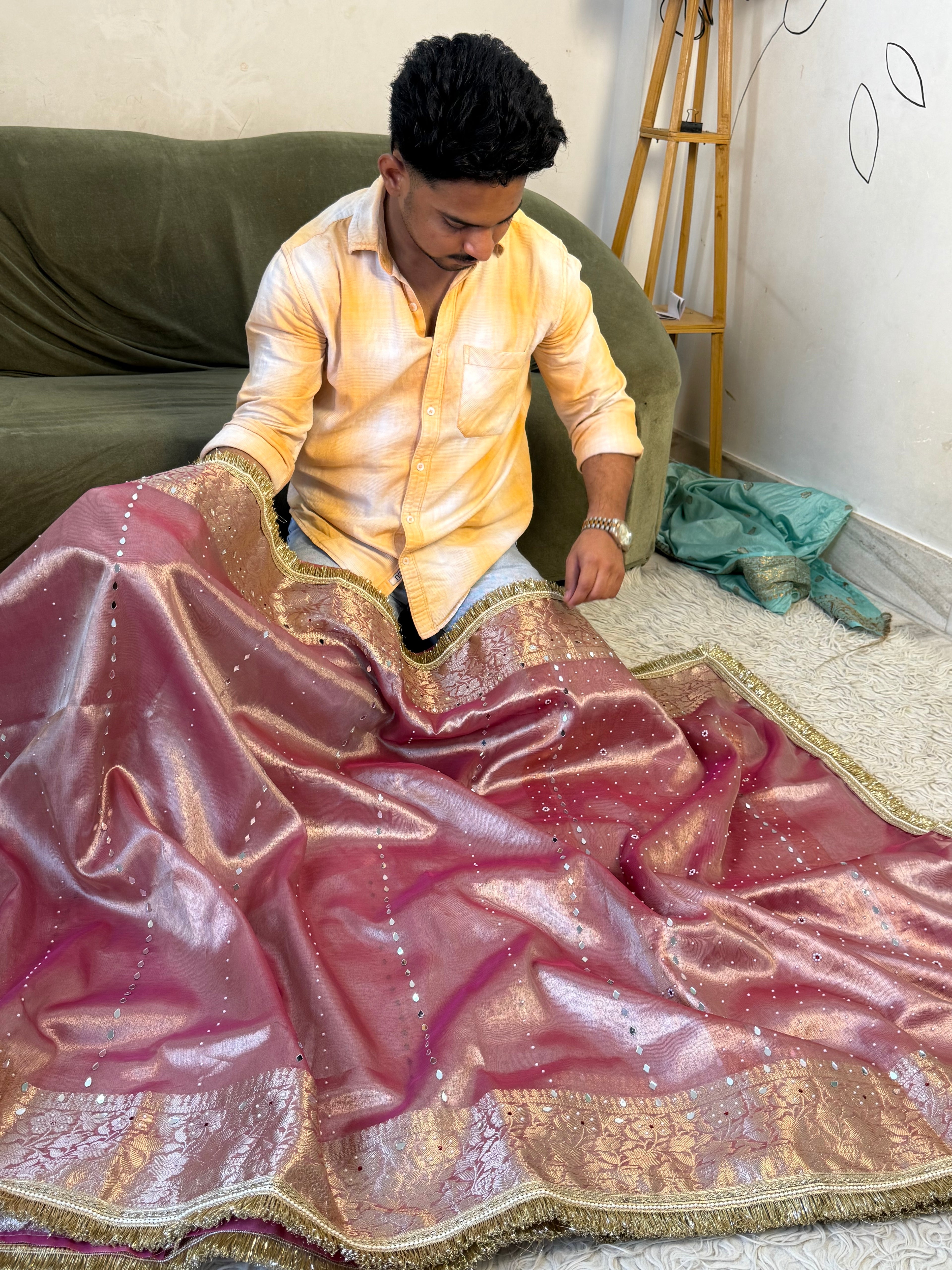 Designer Banarasi Tissue Saree with mirror Work on all over Body with Intricate Border and Pallu Design Along with heavy mirror work and Gotta Patti Lace Work