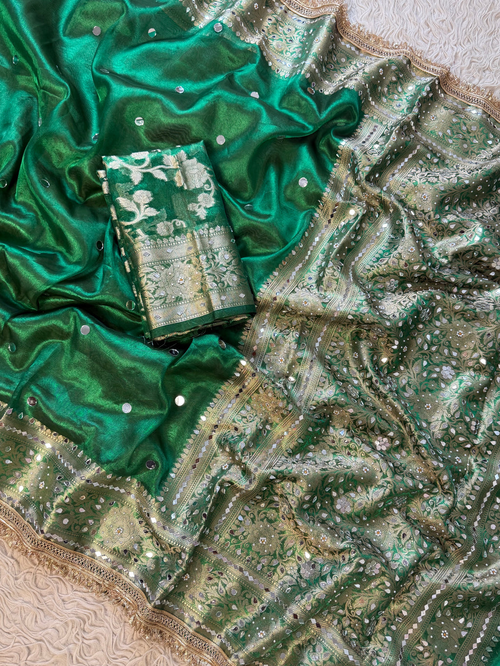 Designer Banarasi Tissue Saree with Pearl and mirror Work on all over Body with Intricate Border and Pallu Design Along with Gotta Patti Lace Work