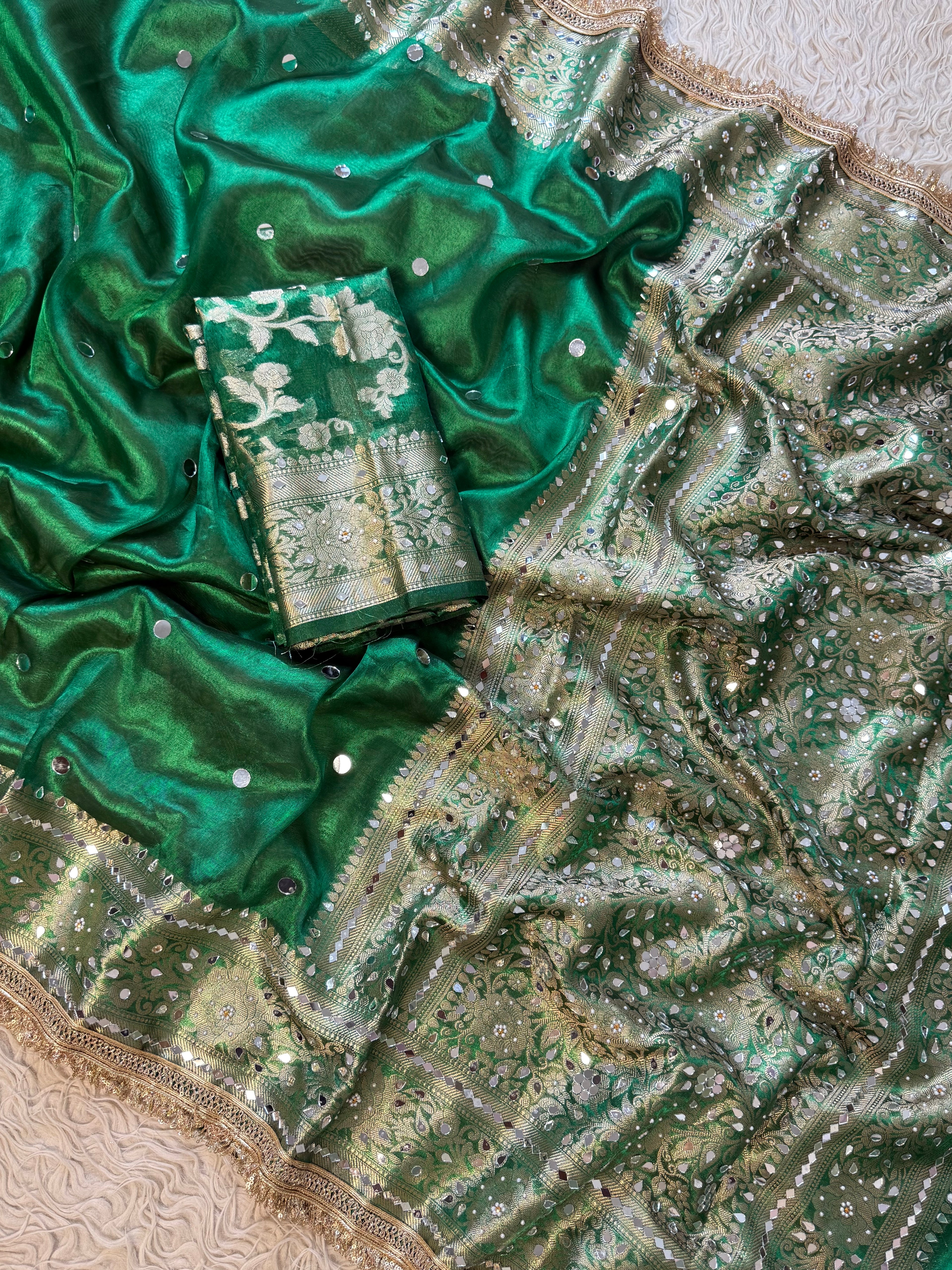 Designer Banarasi Tissue Saree with Pearl and mirror Work on all over Body with Intricate Border and Pallu Design Along with Gotta Patti Lace Work