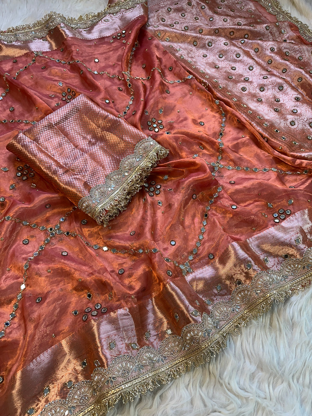 100%Pure Banarasi Tissue Saree with Hand Work on all over Body with Intricate Border and Pallu Design Along with diamond  Lace Work