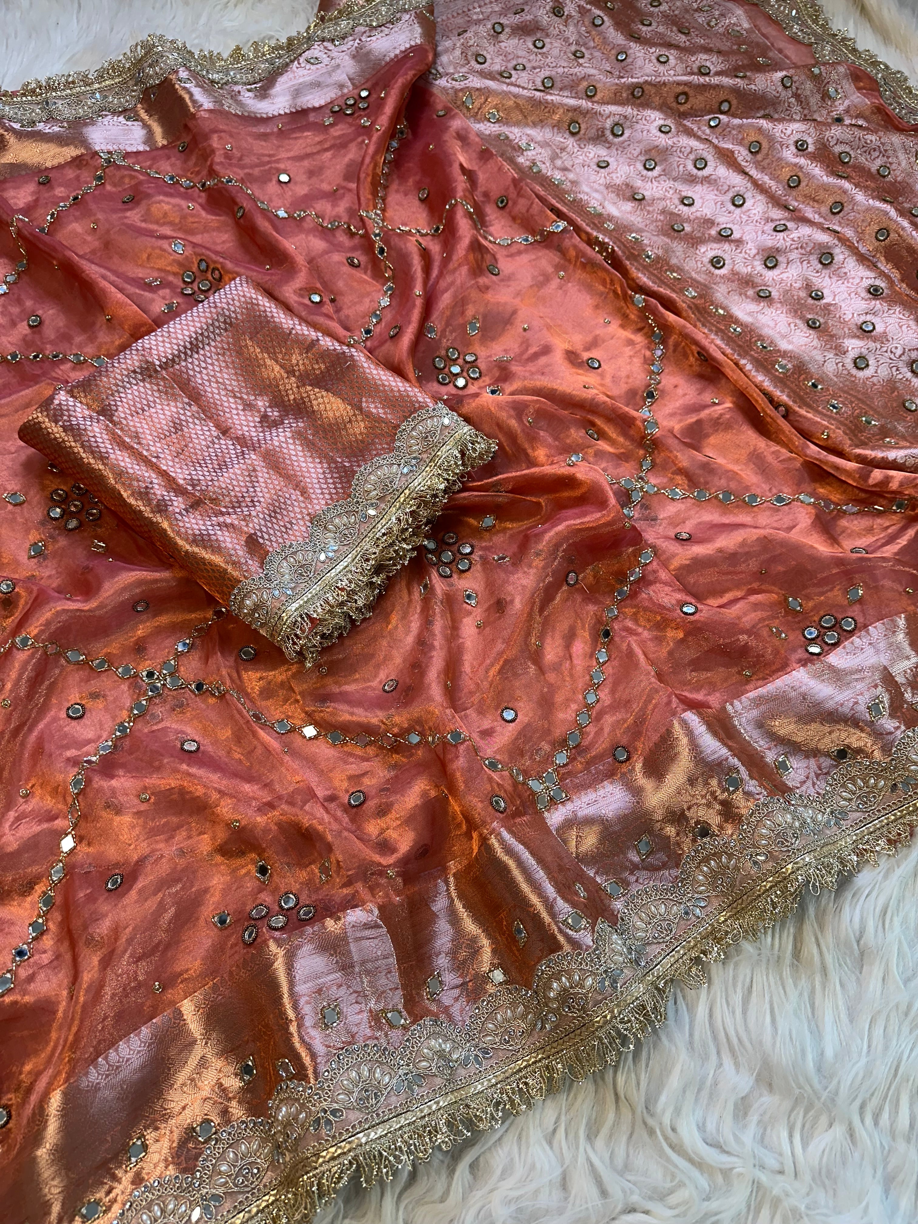 100%Pure Banarasi Tissue Saree with Hand Work on all over Body with Intricate Border and Pallu Design Along with diamond  Lace Work