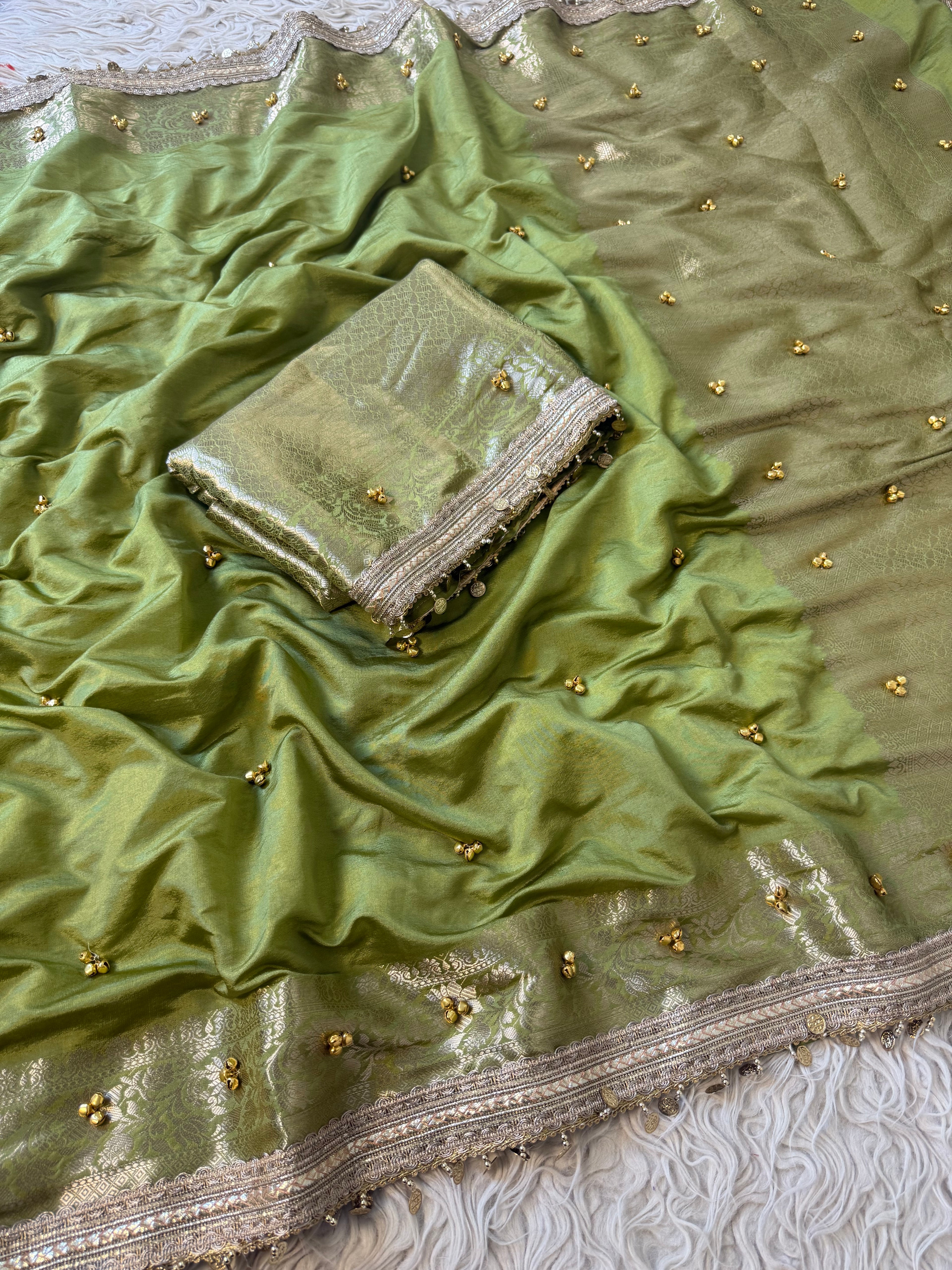 Green Banarasi butter silk saree X ghungroo work