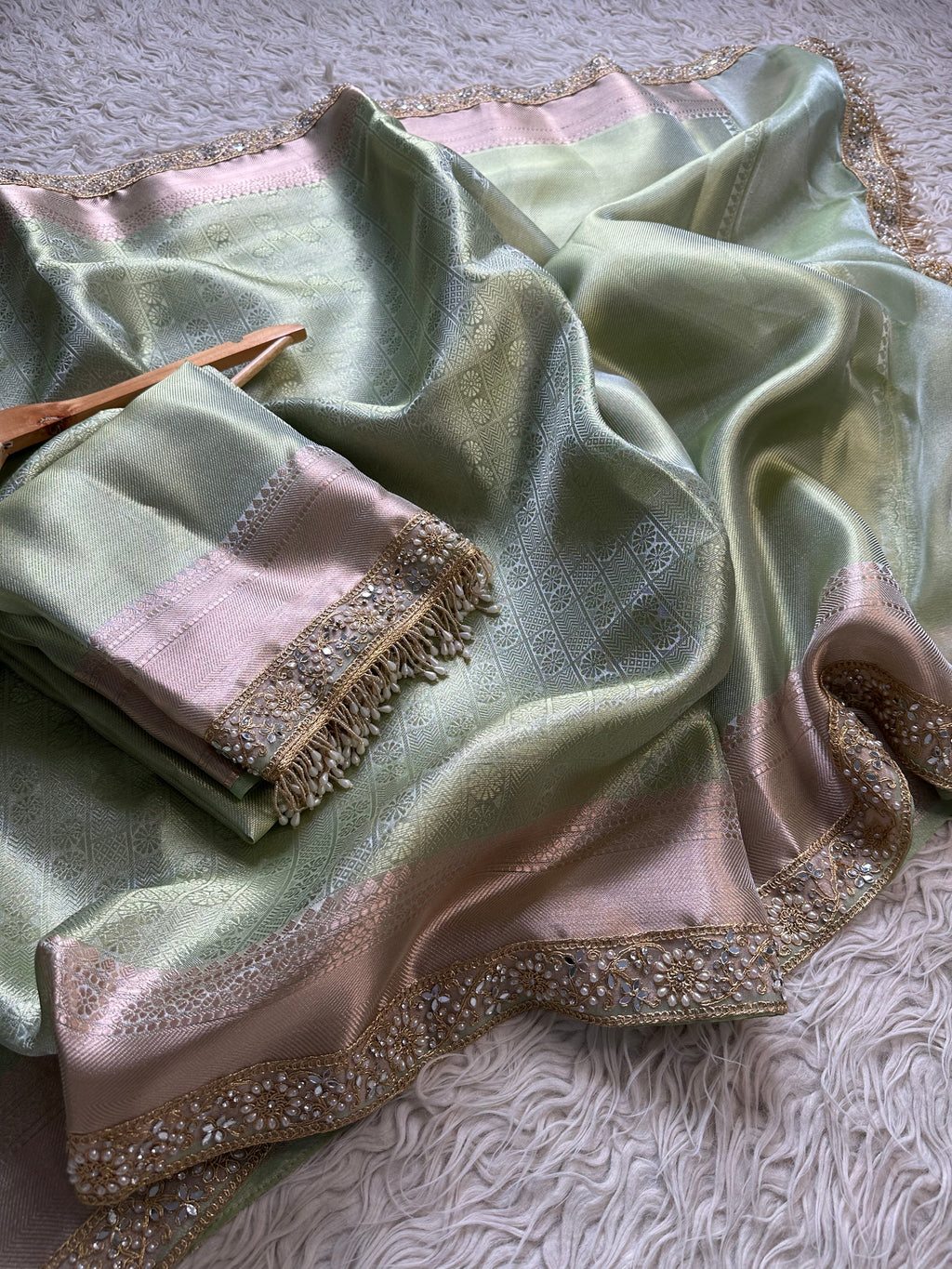 Bridal Kanjeevaram Brocade Tissue Saree with Designer Pearl and Mirror Lace Work Jhalar Lace on Pallu