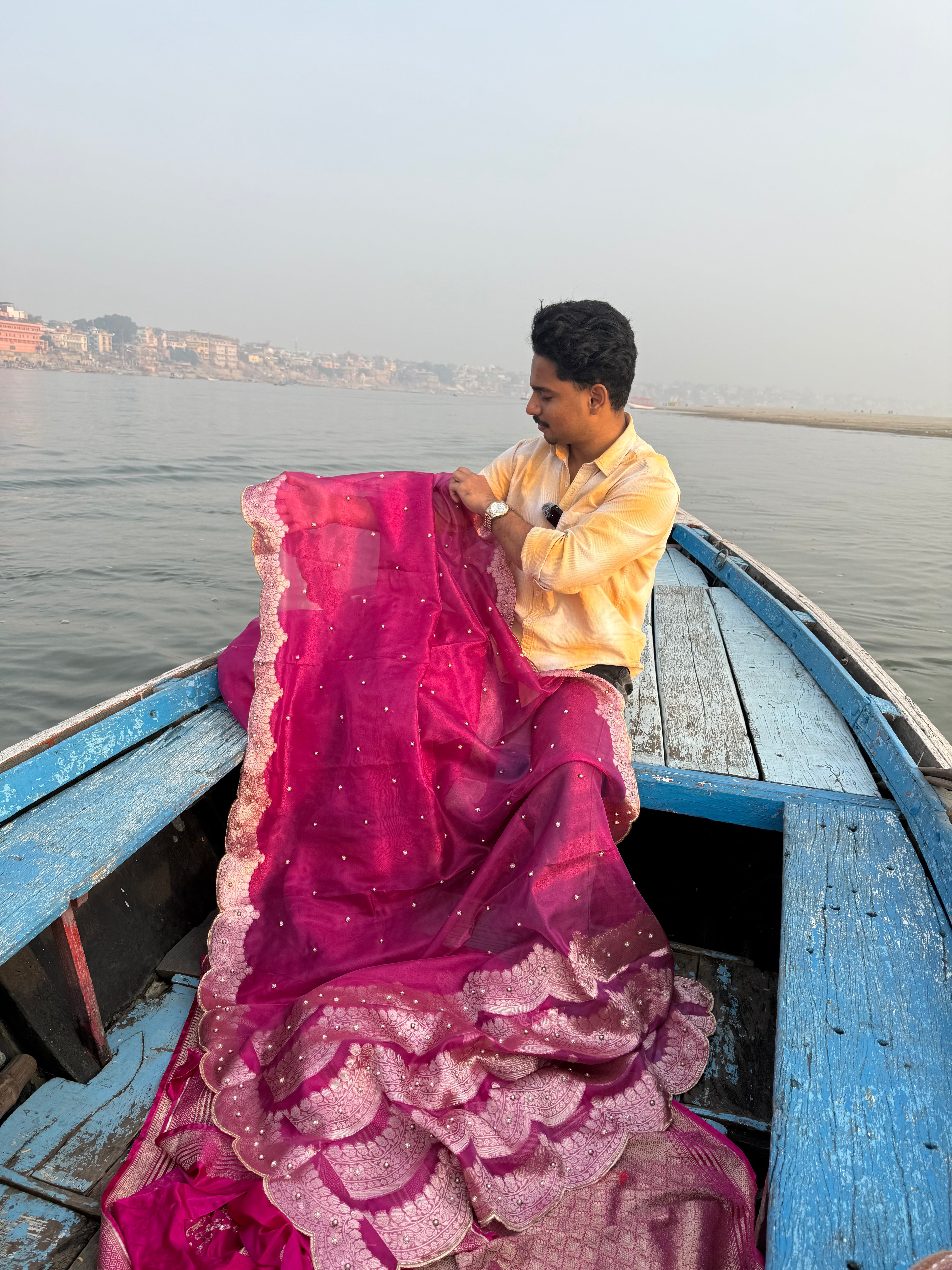Banarasi Tissue Saree with Aari Work on all over Body with Intricate scallop border and Pallu