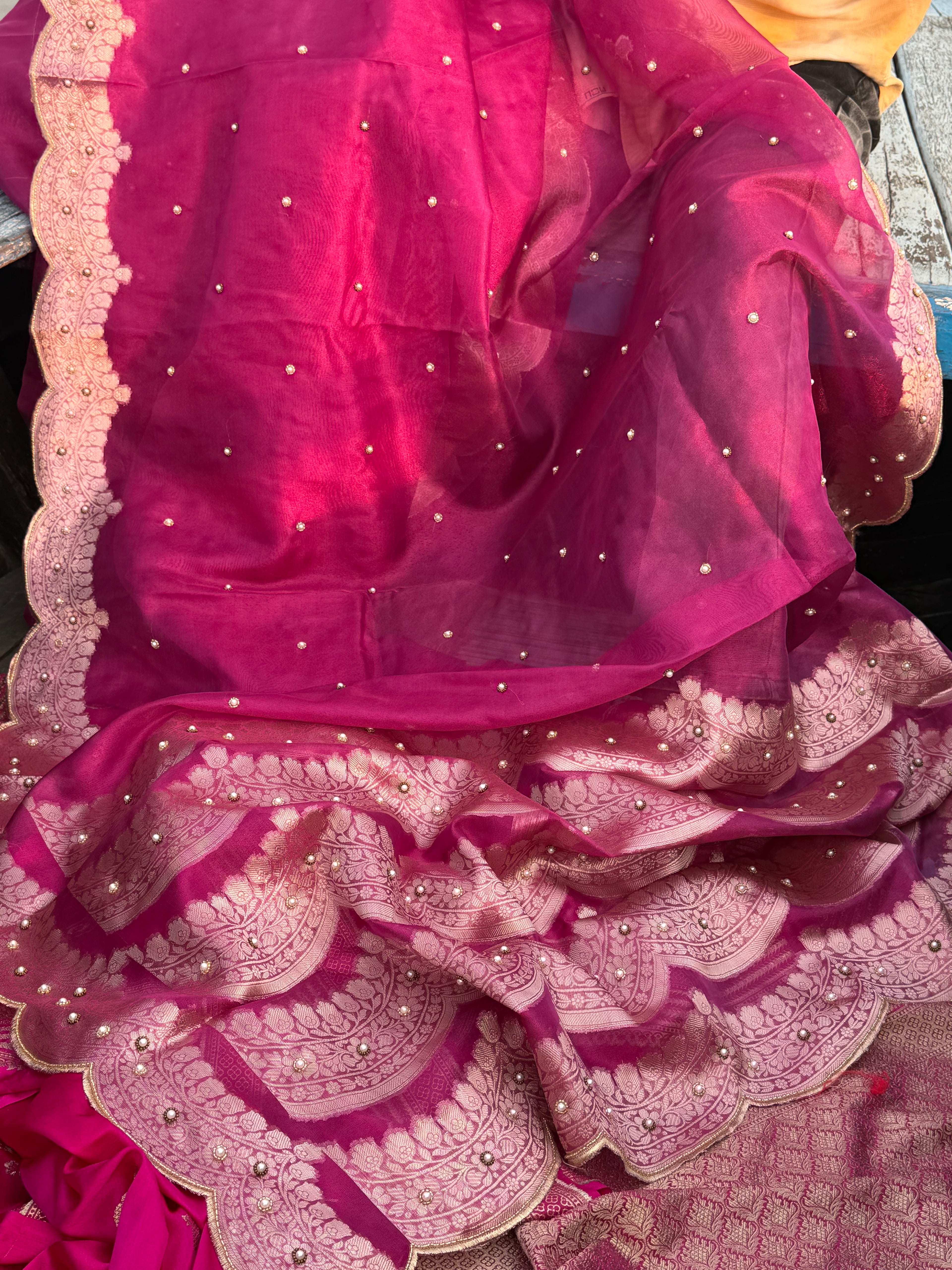 Banarasi Tissue Saree with Aari Work on all over Body with Intricate scallop border and Pallu