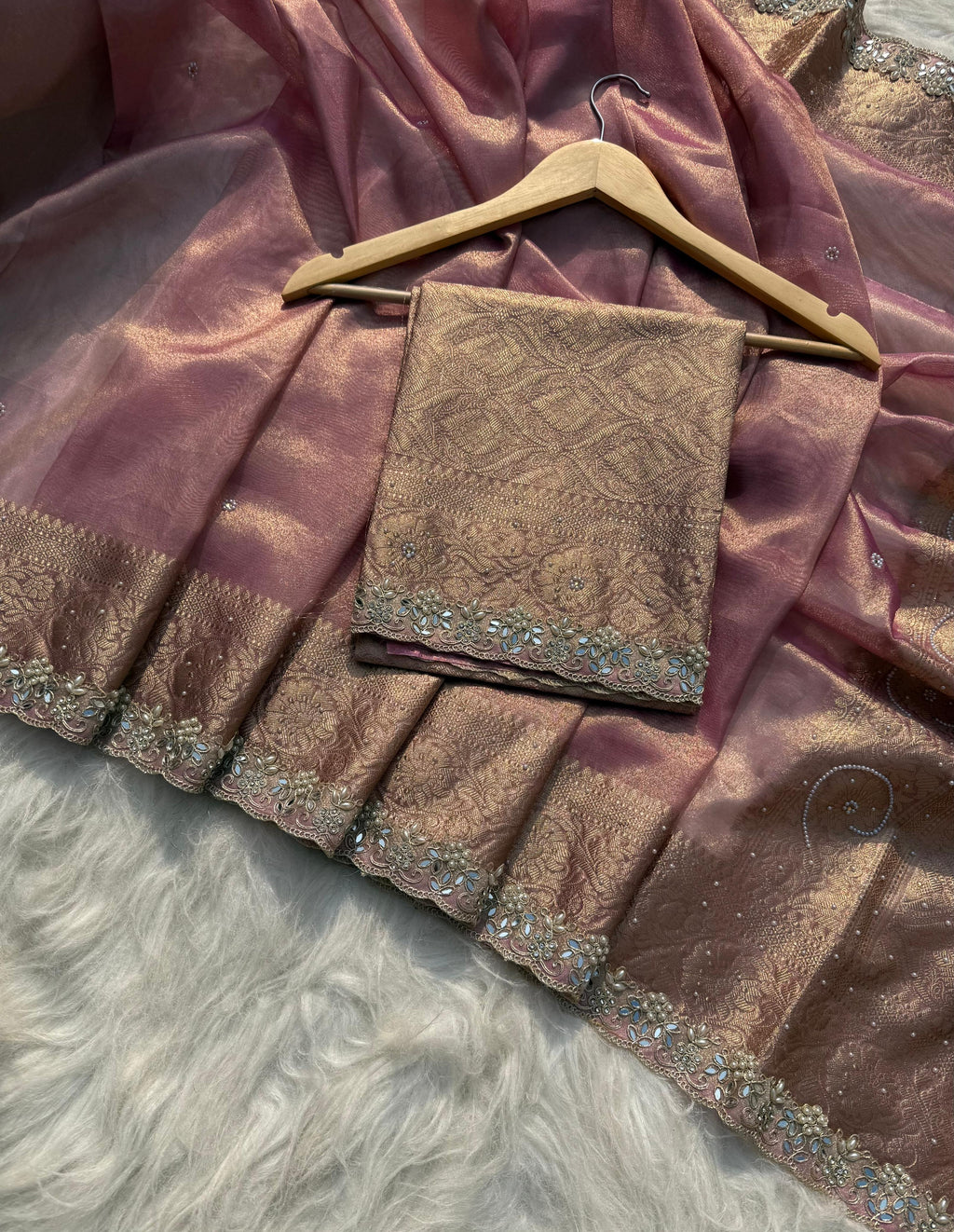 Designer Banarasi Tissue Saree with Pearl Work on all over Body with Intricate Border and Pallu Design Along with Gotta Patti Lace Work
