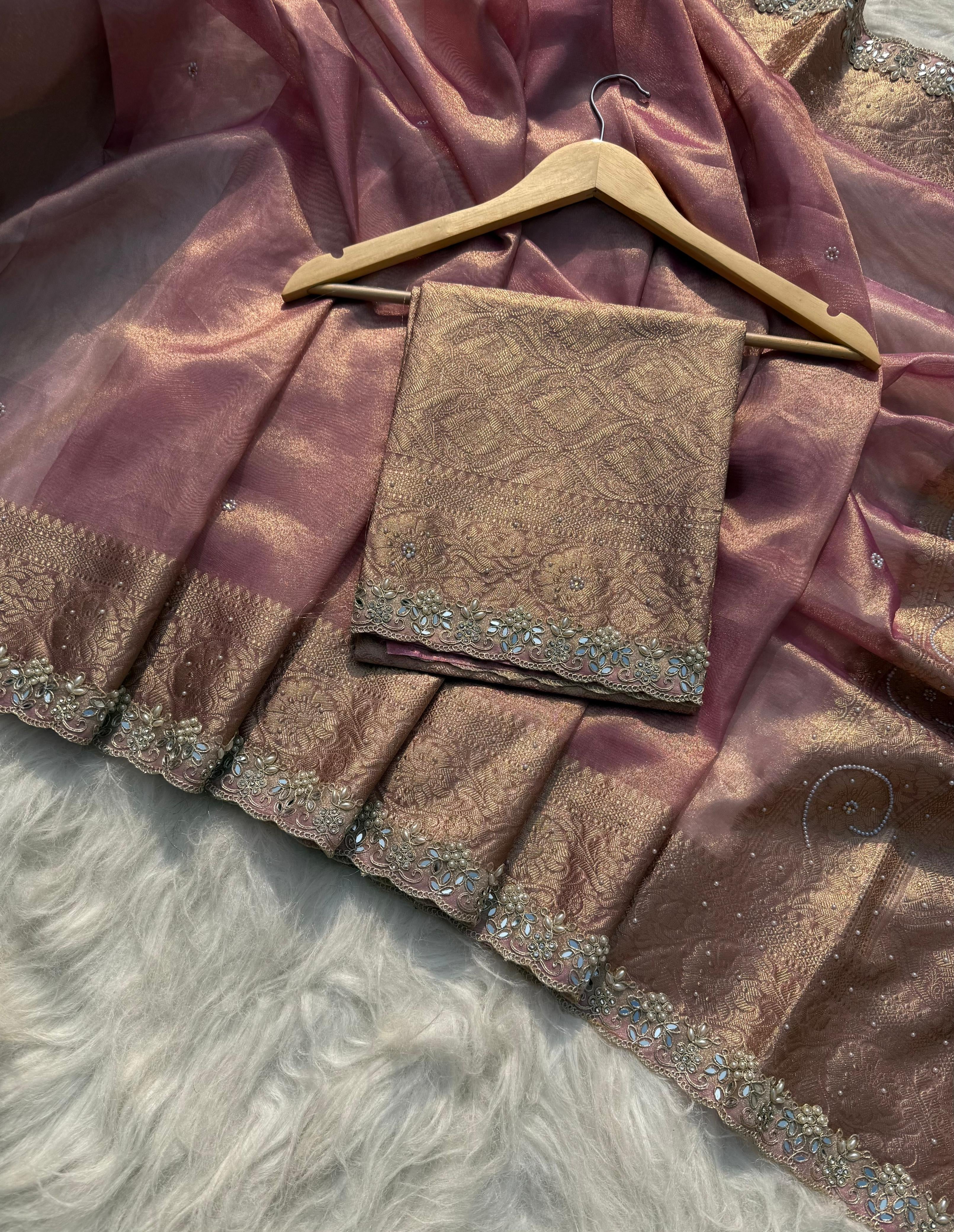Designer Banarasi Tissue Saree with Pearl Work on all over Body with Intricate Border and Pallu Design Along with Gotta Patti Lace Work