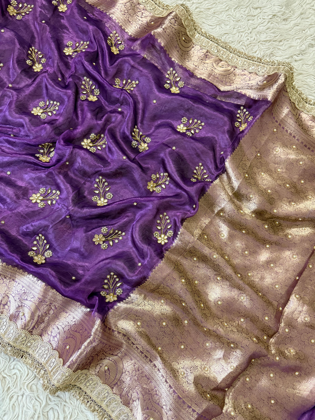 100%Pure Banarasi Tissue Saree with Hand Work on all over Body with Intricate Border and Pallu Design Along with Gotta Patti Lace Work