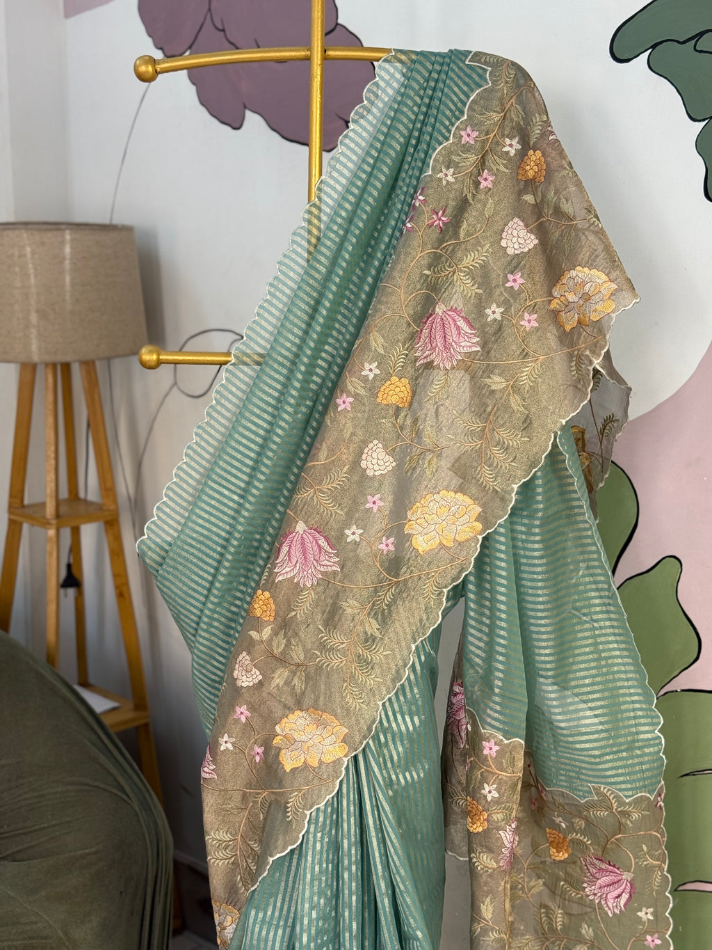 Pastel Blue Designer Chiniya Tissue Silk Stripe Saree with multi color floral embroidered on Tissue Base