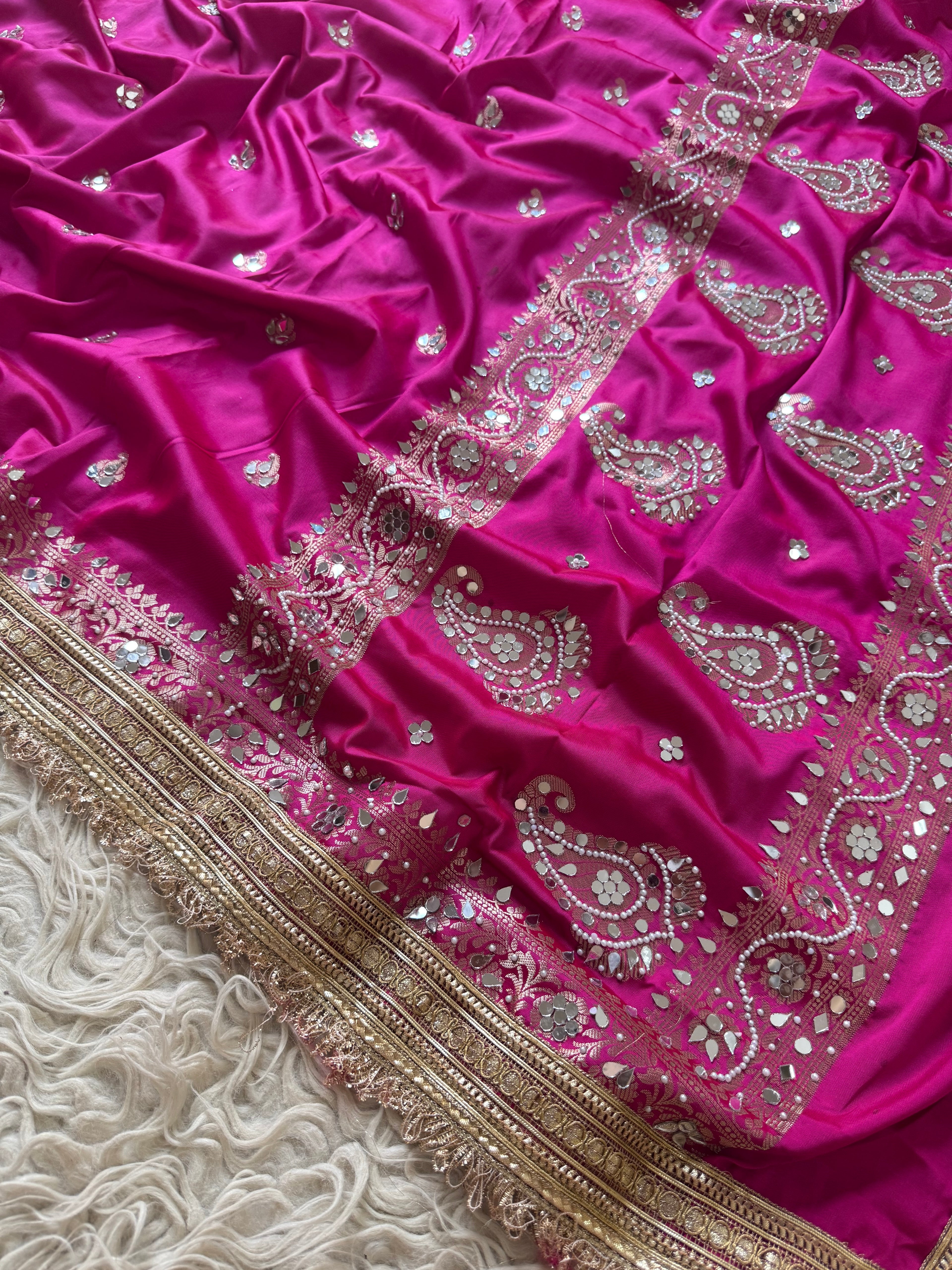Designer Banarasi katan Saree with Pearl and mirror Work on all over Body with Intricate Border and Pallu Design Along with Gotta Patti Lace Work