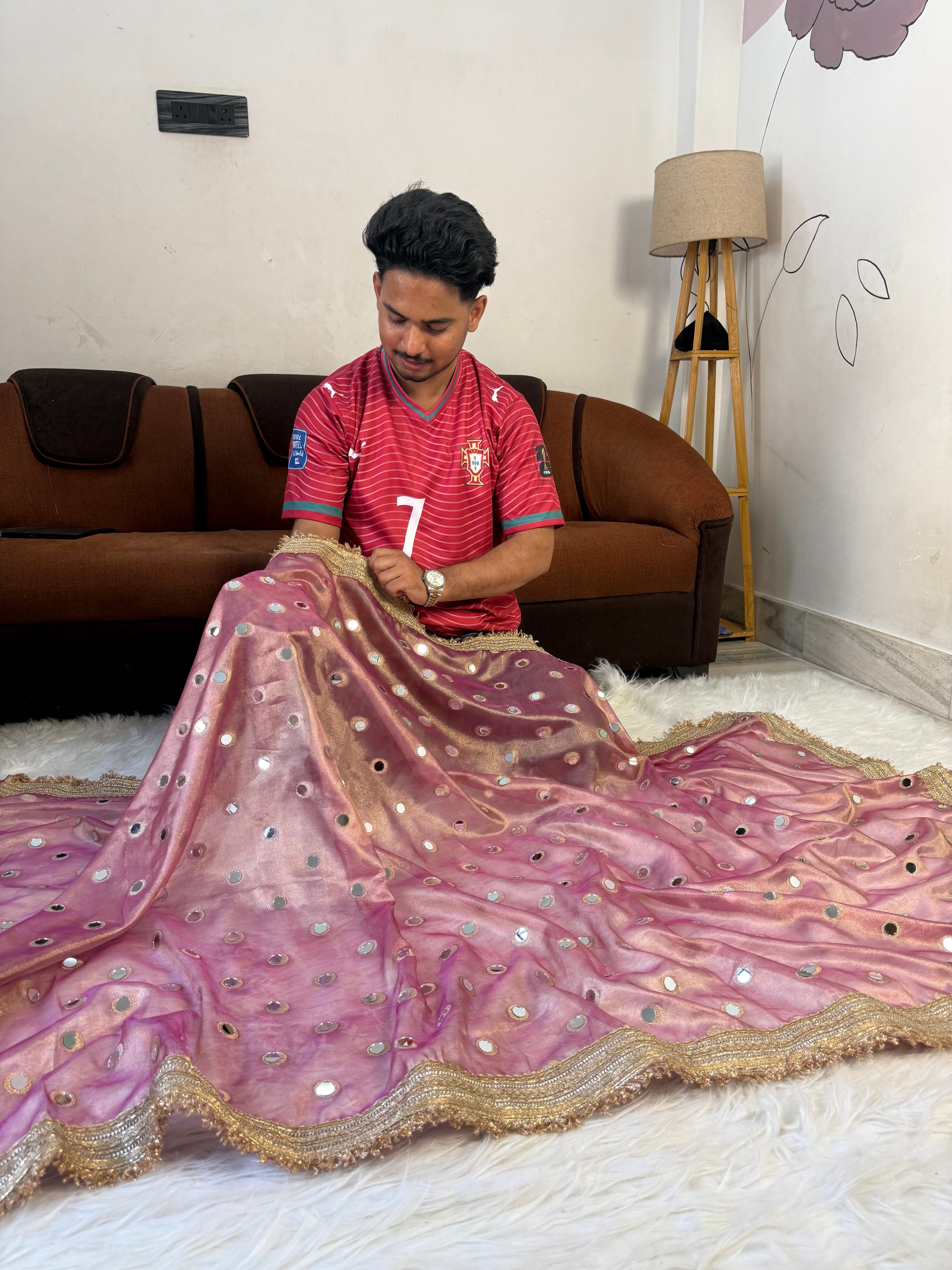 Designer Banarasi Tissue Saree with Pearl and mirror Work on all over Body with Intricate Border and Pallu Design Along with Gotta Patti Lace Work