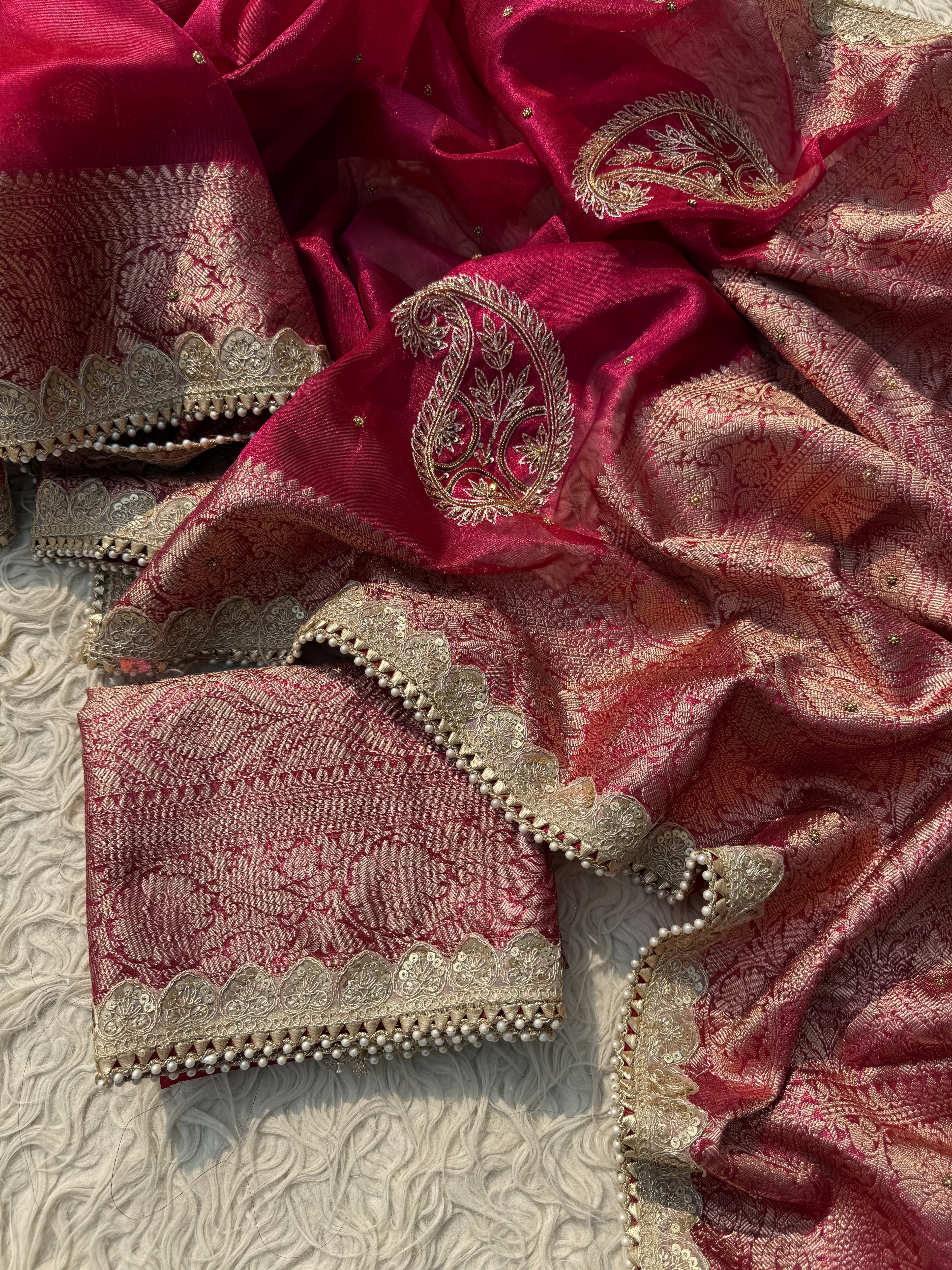 Designer rani Tissue Saree with Pearl and Mirror Work Border Attached Jhalar Pearl in Pallu and Elegant Jaal Pattern Blouse Piece