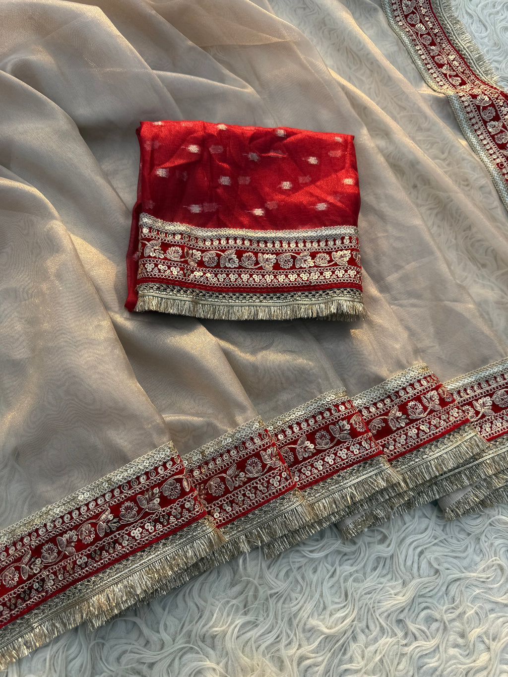 Kajol Inspired Ivory Tissue Silk Saree with Red Velvet Lace border with contrast Red Blouse