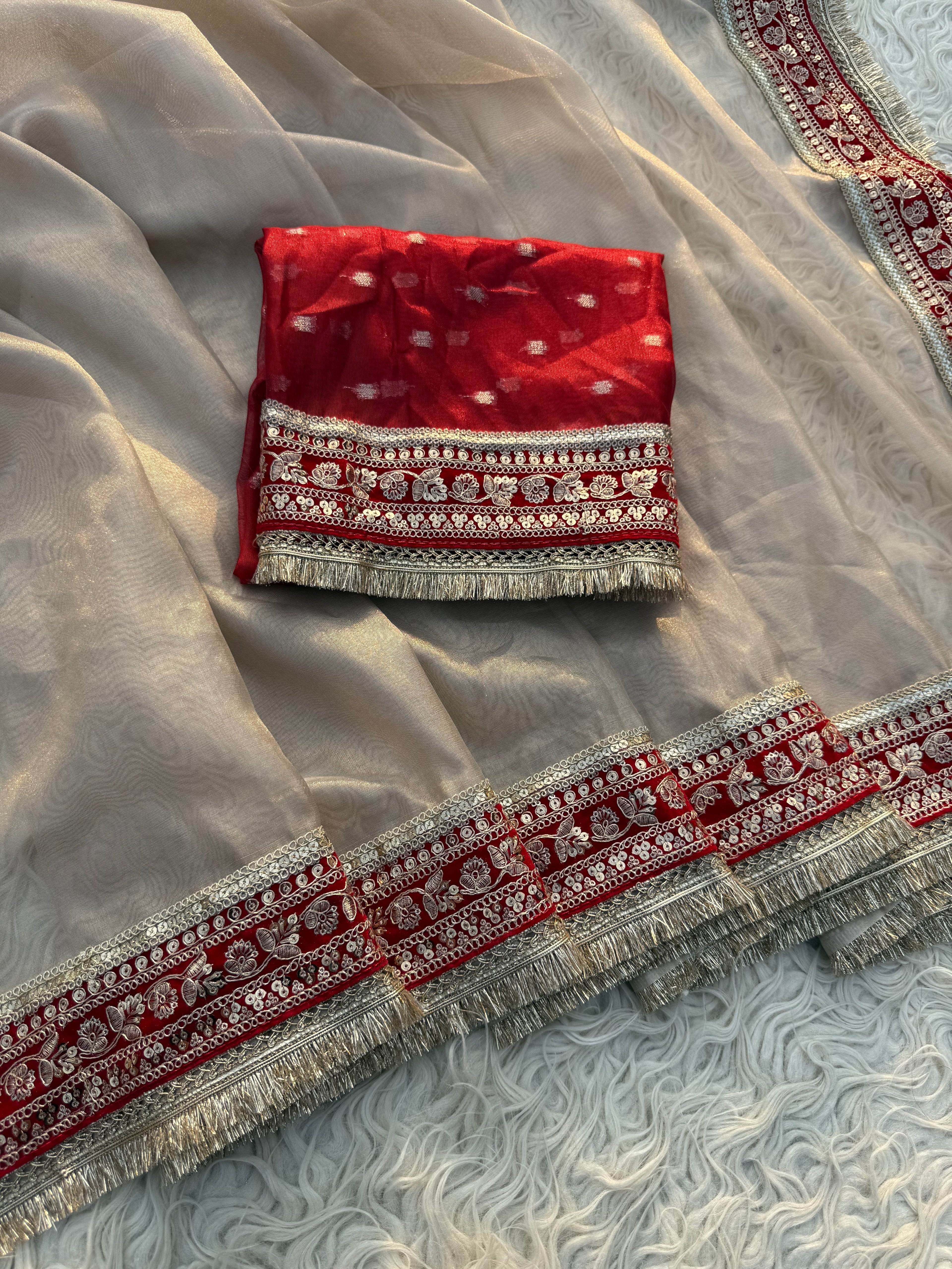 Kajol Inspired Ivory Tissue Silk Saree with Red Velvet Lace border with contrast Red Blouse