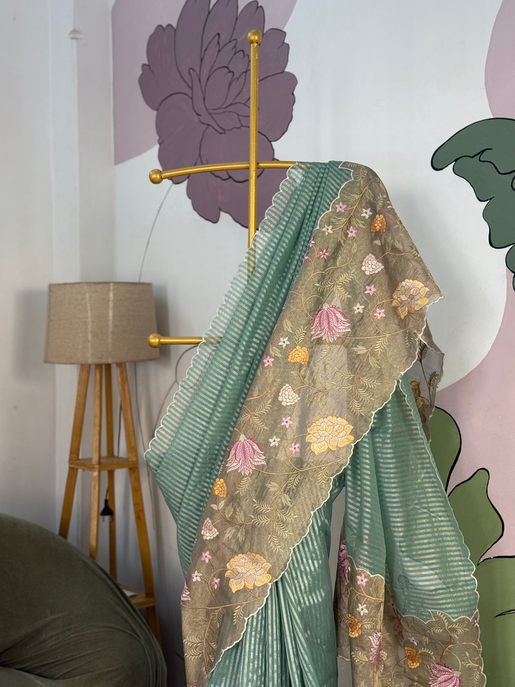 Pastel Blue Designer Chiniya Tissue Silk Stripe Saree with multi color floral embroidered on Tissue Base