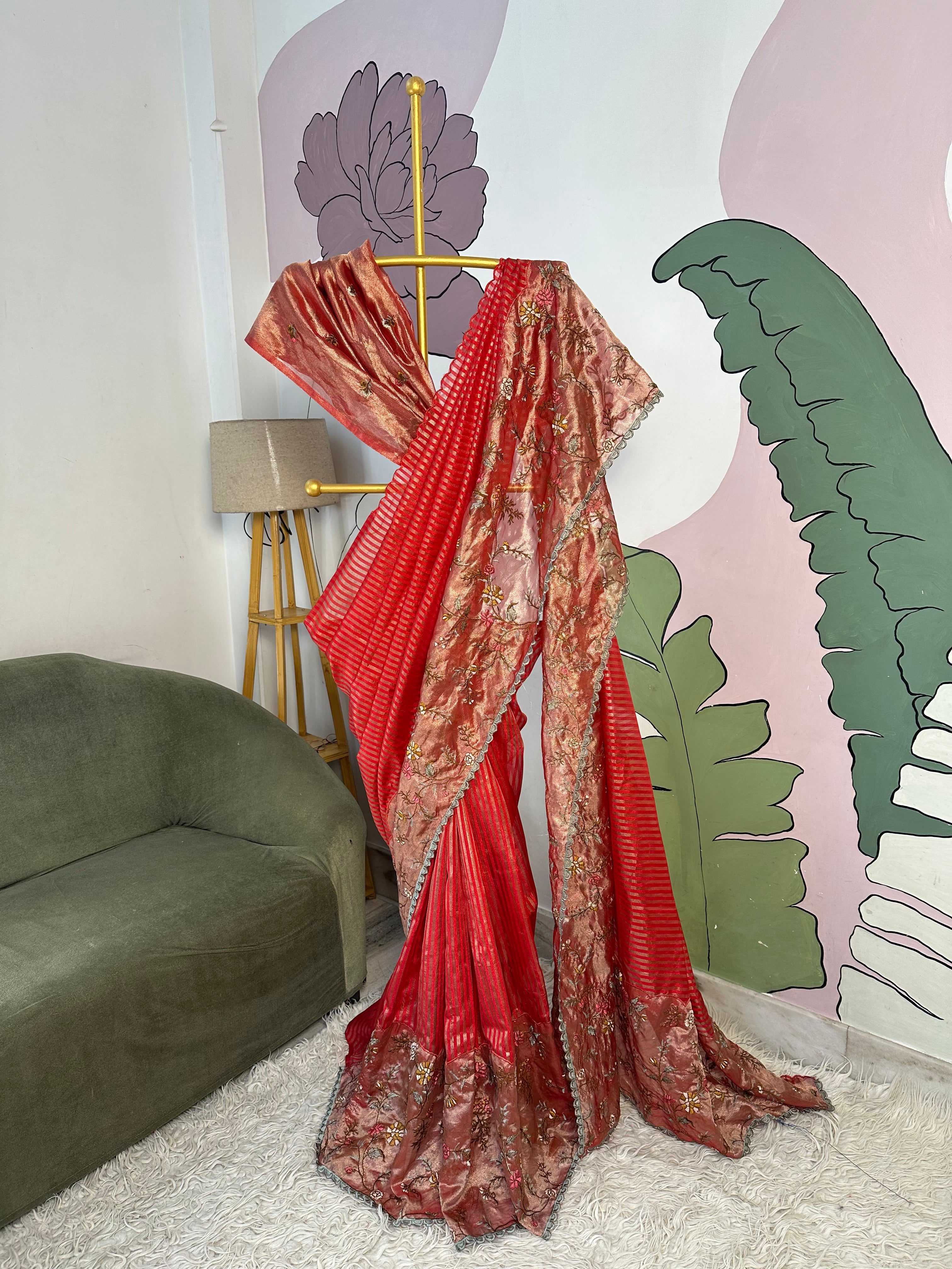 Red Designer Chiniya Tissue Silk Stripe Saree with multi color floral embroidered on Tissue Base