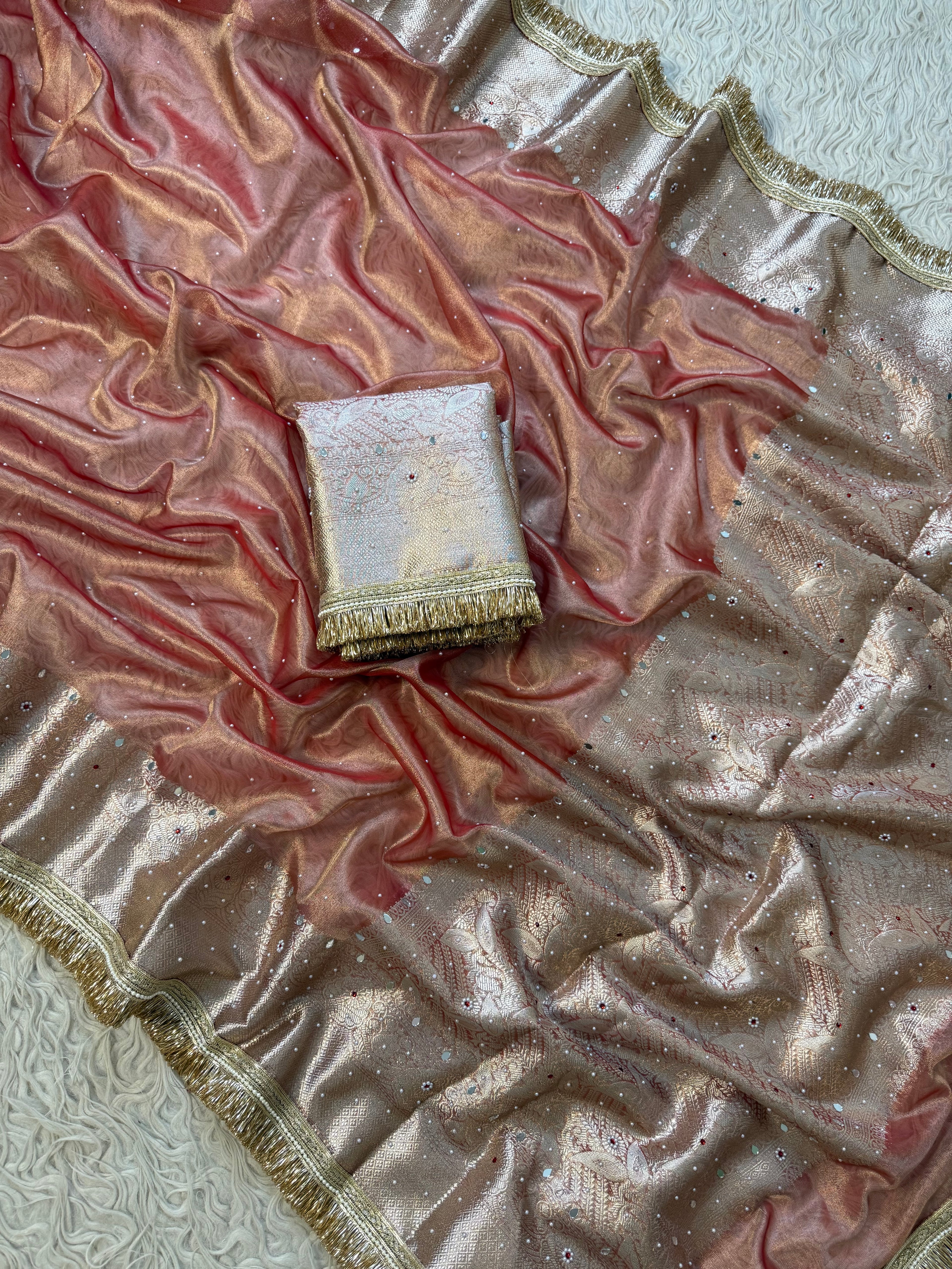 Designer Banarasi Tissue Saree with Pearl Work on all over Body with Intricate Border and Pallu Design Along with Gotta Patti Lace Work