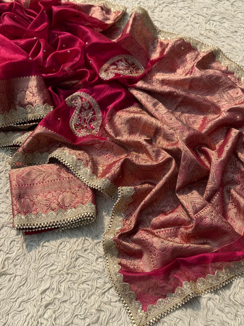 Designer rani Tissue Saree with Pearl and Mirror Work Border Attached Jhalar Pearl in Pallu and Elegant Jaal Pattern Blouse Piece