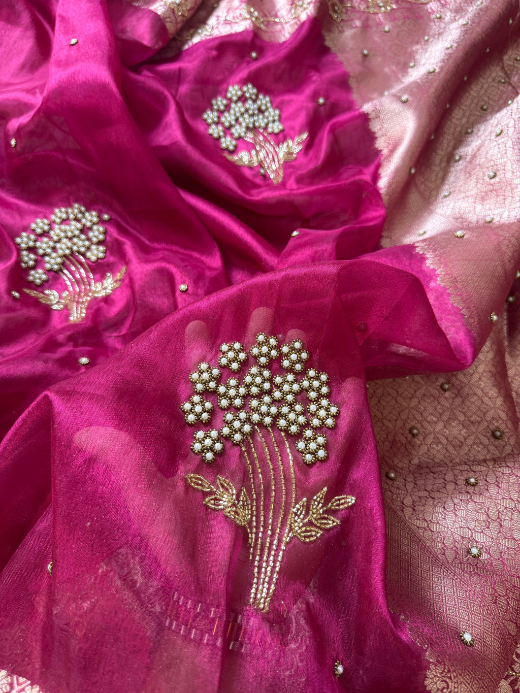 Designer Rani pink pearl and cutdana handwork in buta pattern Tissue Silk Saree